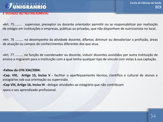 Escola de Ciências da Saúde
ECS
34
É VEDADO AO NUTRICIONISTA:
•Art. 75......... supervisor, preceptor ou docente orientador permitir ou se responsabilizar por realização
de estágio em instituições e empresas, públicas ou privadas, que não disponham de nutricionista no local.
•Art. 76 ......... no desempenho da atividade docente, difamar, diminuir ou desvalorizar a profissão, áreas
de atuação ou campos de conhecimentos diferentes dos que atua.
•Art. 77 ......... na função de coordenador ou docente, induzir discentes assistidos por outra instituição de
ensino a migrarem para a instituição com a qual tenha qualquer tipo de vínculo com vistas à sua captação.
•Faltou da CFN 334/2004:
•Cap. VIII, Artigo 15, Inciso V - facilitar o aperfeiçoamento técnico, científico e cultural de alunos e
estagiários sob sua orientação ou supervisão.
•Cap VIII, Artigo 16, Inciso III - delegar atividades ao estagiário que não contribuam
•para o seu aprendizado profissional.
 