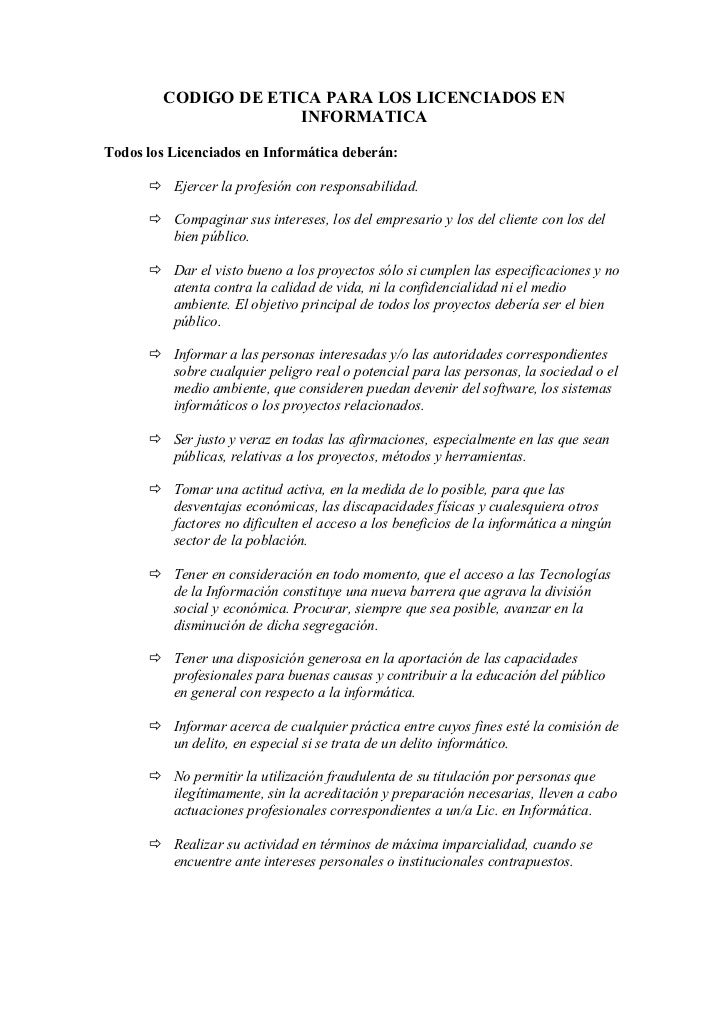 Codigo de etica para los licenciados en informatica