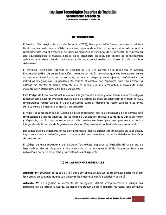Codigo de etica profesional del ingeniero en gestión