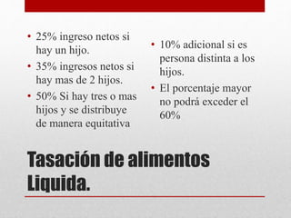 Tasación de alimentos
Liquida.
• 25% ingreso netos si
hay un hijo.
• 35% ingresos netos si
hay mas de 2 hijos.
• 50% Si hay tres o mas
hijos y se distribuye
de manera equitativa
• 10% adicional si es
persona distinta a los
hijos.
• El porcentaje mayor
no podrá exceder el
60%
 
