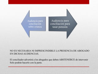 NO ES NECESARIA NI IMPRESCINDIBLE LA PRESENCIA DE ABOGADO
EN DICHAS AUDIENCIAS.
El conciliador advertirá a los abogados que deben ABSTENERCE de intervenir
Solo podrán hacerlo con la parte.
 
