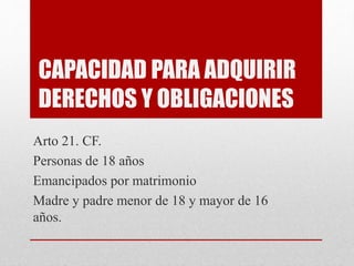 CAPACIDAD PARA ADQUIRIR
DERECHOS Y OBLIGACIONES
Arto 21. CF.
Personas de 18 años
Emancipados por matrimonio
Madre y padre menor de 18 y mayor de 16
años.
 