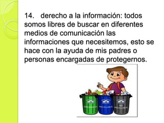 14. derecho a la información: todos
somos libres de buscar en diferentes
medios de comunicación las
informaciones que necesitemos, esto se
hace con la ayuda de mis padres o
personas encargadas de protegernos.
 