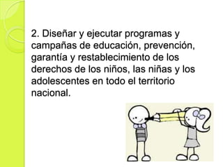 2. Diseñar y ejecutar programas y
campañas de educación, prevención,
garantía y restablecimiento de los
derechos de los niños, las niñas y los
adolescentes en todo el territorio
nacional.
 