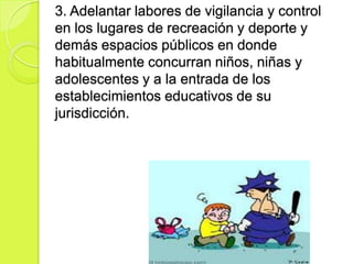3. Adelantar labores de vigilancia y control
en los lugares de recreación y deporte y
demás espacios públicos en donde
habitualmente concurran niños, niñas y
adolescentes y a la entrada de los
establecimientos educativos de su
jurisdicción.
 