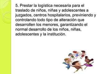 5. Prestar la logística necesaria para el
traslado de niños, niñas y adolescentes a
juzgados, centros hospitalarios, previniendo y
controlando todo tipo de alteración que
desarrollen los menores, garantizando el
normal desarrollo de los niños, niñas,
adolescentes y la institución.
 