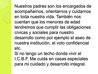 Nuestros padres son los encargados de
acompañarnos, orientarnos y cuidarnos
en toda nuestra vida. También nos
cuentan que los menores de edad
tendremos que cumplir las obligaciones
cívicas y sociales para nuestro
desarrollo como por ejemplo el aseo de
nuestra institución, el voto confidencial
etc.
Si no tengo un techo donde vivir el
I.C.B.F. Me cuida en casas especiales
para mi cuidado y desarrollo integral.
 