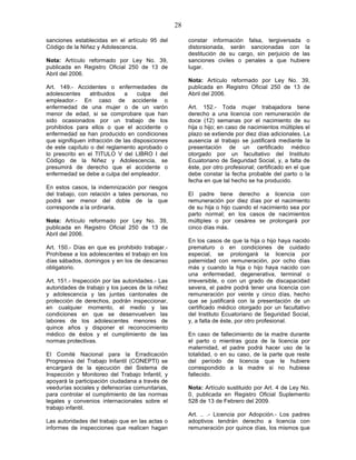 28

sanciones establecidas en el artículo 95 del           constar información falsa, tergiversada o
Código de la Niñez y Adolescencia.                     distorsionada, serán sancionadas con la
                                                       destitución de su cargo, sin perjuicio de las
Nota: Artículo reformado por Ley No. 39,               sanciones civiles o penales a que hubiere
publicada en Registro Oficial 250 de 13 de             lugar.
Abril del 2006.
                                                       Nota: Artículo reformado por Ley No. 39,
Art. 149.- Accidentes o enfermedades de                publicada en Registro Oficial 250 de 13 de
adolescentes     atribuidos    a    culpa   del        Abril del 2006.
empleador.- En caso de accidente o
enfermedad de una mujer o de un varón                  Art. 152.- Toda mujer trabajadora tiene
menor de edad, si se comprobare que han                derecho a una licencia con remuneración de
sido ocasionados por un trabajo de los                 doce (12) semanas por el nacimiento de su
prohibidos para ellos o que el accidente o             hija o hijo; en caso de nacimientos múltiples el
enfermedad se han producido en condiciones             plazo se extiende por diez días adicionales. La
que signifiquen infracción de las disposiciones        ausencia al trabajo se justificará mediante la
de este capítulo o del reglamento aprobado o           presentación de un certificado médico
lo prescrito en el TITULO V del LIBRO I del            otorgado por un facultativo del Instituto
Código de la Niñez y Adolescencia, se                  Ecuatoriano de Seguridad Social, y, a falta de
presumirá de derecho que el accidente o                éste, por otro profesional; certificado en el que
enfermedad se debe a culpa del empleador.              debe constar la fecha probable del parto o la
                                                       fecha en que tal hecho se ha producido.
En estos casos, la indemnización por riesgos
del trabajo, con relación a tales personas, no         El padre tiene derecho a licencia con
podrá ser menor del doble de la que                    remuneración por diez días por el nacimiento
corresponde a la ordinaria.                            de su hija o hijo cuando el nacimiento sea por
                                                       parto normal; en los casos de nacimientos
Nota: Artículo reformado por Ley No. 39,               múltiples o por cesárea se prolongará por
publicada en Registro Oficial 250 de 13 de             cinco días más.
Abril del 2006.
                                                       En los casos de que la hija o hijo haya nacido
Art. 150.- Días en que es prohibido trabajar.-         prematuro o en condiciones de cuidado
Prohíbese a los adolescentes el trabajo en los         especial, se prolongará la licencia por
días sábados, domingos y en los de descanso            paternidad con remuneración, por ocho días
obligatorio.                                           más y cuando la hija o hijo haya nacido con
                                                       una enfermedad, degenerativa, terminal o
Art. 151.- Inspección por las autoridades.- Las        irreversible, o con un grado de discapacidad
autoridades de trabajo y los jueces de la niñez        severa, el padre podrá tener una licencia con
y adolescencia y las juntas cantonales de              remuneración por veinte y cinco días, hecho
protección de derechos, podrán inspeccionar,           que se justificará con la presentación de un
en cualquier momento, el medio y las                   certificado médico otorgado por un facultativo
condiciones en que se desenvuelven las                 del Instituto Ecuatoriano de Seguridad Social,
labores de los adolescentes menores de                 y, a falta de éste, por otro profesional.
quince años y disponer el reconocimiento
médico de éstos y el cumplimiento de las               En caso de fallecimiento de la madre durante
normas protectivas.                                    el parto o mientras goza de la licencia por
                                                       maternidad, el padre podrá hacer uso de la
El Comité Nacional para la Erradicación                totalidad, o en su caso, de la parte que reste
Progresiva del Trabajo Infantil (CONEPTI) se           del período de licencia que le hubiere
encargará de la ejecución del Sistema de               correspondido a la madre si no hubiese
Inspección y Monitoreo del Trabajo Infantil, y         fallecido.
apoyará la participación ciudadana a través de
veedurías sociales y defensorías comunitarias,         Nota: Artículo sustituido por Art. 4 de Ley No.
para controlar el cumplimiento de las normas           0, publicada en Registro Oficial Suplemento
legales y convenios internacionales sobre el           528 de 13 de Febrero del 2009.
trabajo infantil.
                                                       Art. .. .- Licencia por Adopción.- Los padres
Las autoridades del trabajo que en las actas o         adoptivos tendrán derecho a licencia con
informes de inspecciones que realicen hagan            remuneración por quince días, los mismos que
 
