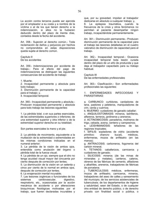 56

                                                        que, por su gravedad, impidan al trabajador
La acción contra terceros puede ser ejercida            dedicarse en absoluto a cualquier trabajo; y,
por el empleador a su costa y a nombre de la            8. La epilepsia traumática, cuando la
víctima o al de los que tienen derecho a la             frecuencia de la crisis y otros fenómenos no
indemnización, si ellos no la hubieren                  permitan al paciente desempeñar ningún
deducido dentro del plazo de treinta días,              trabajo, incapacitándole permanentemente.
contados desde la fecha del accidente.
                                                        Art. 361.- Disminución permanente.- Producen
Art. 358.- Sujeción al derecho común.- Toda             disminución permanente de la capacidad para
reclamación de daños y perjuicios por hechos            el trabajo las lesiones detalladas en el cuadro
no comprendidos en estas disposiciones                  valorativo de disminución de capacidad para el
queda sujeta al derecho común.                          trabajo.

Capítulo II                                             Art. 362.- Incapacidad temporal.- Ocasiona
De los accidentes                                       incapacidad temporal toda lesión curada
                                                        dentro del plazo de un año de producida y que
Art. 359.- Indemnizaciones por accidente de             deja al trabajador capacitado para su trabajo
trabajo.- Para el efecto del pago de                    habitual.
indemnizaciones se distinguen las siguientes
consecuencias del accidente de trabajo:                 Capítulo III
                                                        De las enfermedades profesionales
1. Muerte;
2. Incapacidad permanente y absoluta para               Art. 363.- Clasificación.- Son enfermedades
todo trabajo;                                           profesionales las siguientes:
3. Disminución permanente de la capacidad
para el trabajo; y,                                     1. ENFERMEDADES            INFECCIOSAS        Y
4. Incapacidad temporal.                                PARASITARIAS:

Art. 360.- Incapacidad permanente y absoluta.-          a. CARBUNCO: curtidores, cardadores de
Producen incapacidad permanente y absoluta              lana, pastores y peleteros, manipuladores de
para todo trabajo las lesiones siguientes:              crin, cerda y cuernos;
                                                        b. MUERMO: cuidadores de ganado caballar;
1. La pérdida total, o en sus partes esenciales,        c. ANQUILOSTOMIASIS: mineros, ladrilleros,
de las extremidades superiores o inferiores; de         alfareros, terreros, jardineros y areneros;
una extremidad superior y otra inferior o de la         d. ACTINOMICOSIS: panaderos, molineros de
extremidad superior derecha en su totalidad.            trigo, cebada, avena, centeno y campesinos;
                                                        e. LEISHMANIOSIS: leñadores de las
Son partes esenciales la mano y el pie;                 regiones tropicales;
                                                        f. SIFILIS: sopladores de vidrio (accidente
2. La pérdida de movimiento, equivalente a la           primitivo:     chancro       bucal),    médicos,
mutilación de la extremidad o extremidades en           enfermeras, mozos de anfiteatro (en las
las mismas condiciones indicadas en el                  manos);
numeral anterior;                                       g. ANTRACOSIS: carboneros, fogoneros del
3. La pérdida de la visión de ambos ojos,               carbón mineral;
entendida como anulación del órgano o                   h. TETANOS: caballerizos, carniceros y
pérdida total de la fuerza visual;                      cuidadores de ganado;
4. La pérdida de un ojo, siempre que el otro no         i. SILICOSIS: mineros (de las minas de
tenga acuidad visual mayor del cincuenta por            minerales y metales), canteros, caleros,
ciento después de corrección por lentes;                obreros de las fábricas de cemento, afiladores
5. La disminución de la visión en un setenta y          y albañiles, areneros, trabajadores de fábricas
cinco por ciento de lo normal en ambos ojos,            de porcelana;
después de corrección por lentes;                       j. TUBERCULOSIS: médicos, enfermeras,
6. La enajenación mental incurable;                     mozos de anfiteatro, carniceros, mineros,
7. Las lesiones orgánicas o funcionales de los          trabajadores del aseo de calles y saneamiento
sistemas        cardiovascular,      digestivo,         del municipio; de los servicios asistenciales de
respiratorio, etc., ocasionadas por la acción           tuberculosis; de los departamentos de higiene
mecánica de accidente o por alteraciones                y salubridad, sean del Estado, o de cualquier
bioquímicas fisiológicas motivadas por el               otra entidad de derecho público, o de derecho
trabajo, que fueren declaradas incurables y             privado con finalidad social o pública, o
 