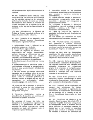 74

las razones de orden legal que fundamenten la           9. Frecuencia mínima de las reuniones
negativa.                                               ordinarias de la asamblea general y requisitos
                                                        para convocar a reuniones ordinarias y
Art. 446.- Modificación de los estatutos.- Toda         extraordinarias;
modificación de los estatutos será aprobada             10. Fondos sindicales, bienes, su adquisición,
por la asamblea general de la asociación                administración y enajenación, reglas para la
profesional o sindicato, el mismo que remitirá          expedición y ejecución del presupuesto y
tres copias de dicha reforma al Ministerio de           presentación de cuentas;
Trabajo y Empleo, con la certificación de las           11. Prohibición al sindicato o asociación
sesiones en las que se las haya discutido y             profesional de intervenir en actos de política
aprobado.                                               partidista o religiosa, y de obligar a sus
                                                        miembros a intervenir en ellos;
Con esta documentación, el Ministro de                  12. Casos de extinción del sindicato o
Trabajo y Empleo procederá conforme a lo                asociación profesional y modo de efectuar su
dispuesto en los artículos anteriores.                  liquidación; y,
                                                        13. Las demás que determinen las leyes
Art. 447.- Contenido de los estatutos.- Los             pertinentes o lo que resuelva la asamblea.
estatutos deberán contener disposiciones
relativas a las siguientes materias:                    Art. 448.- Voluntad expresa para asociarse.-
                                                        Para pertenecer a cualquier asociación
1. Denominación social y domicilio de la                legalmente constituida es indispensable que
asociación profesional o sindicato;                     conste por escrito la declaración expresa de
2. Representación legal del mismo;                      que se quiere integrar a tal asociación.
3. Forma de organizar la directiva, con
determinación del número, denominación,                 Carecen de valor legal las disposiciones
período, deberes y atribuciones de sus                  estatutarias de todas aquellas asociaciones
miembros, requisitos para ser elegidos,                 que consagren como sistema de afiliación el
causales y procedimientos de remoción;                  de presumir la voluntad de los socios.
4. Obligaciones y derechos de los afiliados;
5. Condiciones para la admisión de nuevos               Art. 449.- Integración de las directivas.- Las
socios;                                                 directivas de las asociaciones de trabajadores,
6. Procedimiento para la fijación de cuotas o           de cualquier índole que sean, deberán estar
contribuciones ordinarias y extraordinarias,            integradas únicamente por trabajadores
forma de pago y determinación del objeto de             propios de la empresa a la cual pertenezcan,
las primeras;                                           aún cuando se trate de cargos de secretarios,
7. La cuota mínima que deberá pagar cada                síndicos o cualquier otro que signifique
trabajador, que no podrá ser inferior al uno por        dirección de la organización.
ciento de su remuneración. En las empresas
donde exista la asociación profesional o                Art. 450.- Alcance de los preceptos de este
sindicato formado de acuerdo a la ley, aun los          parágrafo.- Quedan comprendidas en estos
trabajadores    no    sindicalizados     estarán        preceptos las federaciones y confederaciones
obligados a pagar esta cuota mínima.                    y las asociaciones de empleados privados.

De existir más de un sindicato o asociación             Art. 451.- Obligación de las autoridades de
profesional, la cuota de estos trabajadores             trabajo.-  Las    autoridades   del   trabajo
será entregada a la organización que                    auspiciarán y fomentarán la organización de
designare el trabajador;                                asociaciones de trabajadores, especialmente
                                                        de las sindicales, en la categoría y con los
8. Sanciones disciplinarias, motivos y                  fines y formalidades determinados en este
procedimientos de expulsión con audiencia, en           capítulo.
todo caso, del o de los inculpados.
                                                        Art. 452.- Prohibición de desahucio y de
Se garantiza el ingreso de todos los                    despido.- Salvo los casos del artículo 172, el
trabajadores a las respectivas organizaciones           empleador no podrá desahuciar a ninguno de
laborales y su permanencia en ellas. La                 sus trabajadores, desde el momento en que
exclusión de dichas organizaciones tendrá               éstos notifiquen al respectivo inspector del
apelación por parte del trabajador ante el              trabajo que se han reunido en asamblea
respectivo inspector de trabajo;                        general para constituir un sindicato o comité
                                                        de empresa, o cualquier otra asociación de
 