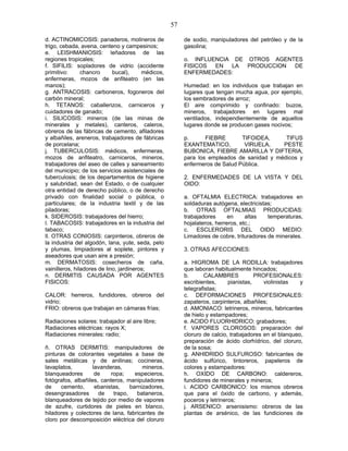 57
d. ACTINOMICOSIS: panaderos, molineros de
trigo, cebada, avena, centeno y campesinos;
e. LEISHMANIOSIS: leñadores de las
regiones tropicales;
f. SIFILIS: sopladores de vidrio (accidente
primitivo: chancro bucal), médicos,
enfermeras, mozos de anfiteatro (en las
manos);
g. ANTRACOSIS: carboneros, fogoneros del
carbón mineral;
h. TETANOS: caballerizos, carniceros y
cuidadores de ganado;
i. SILICOSIS: mineros (de las minas de
minerales y metales), canteros, caleros,
obreros de las fábricas de cemento, afiladores
y albañiles, areneros, trabajadores de fábricas
de porcelana;
j. TUBERCULOSIS: médicos, enfermeras,
mozos de anfiteatro, carniceros, mineros,
trabajadores del aseo de calles y saneamiento
del municipio; de los servicios asistenciales de
tuberculosis; de los departamentos de higiene
y salubridad, sean del Estado, o de cualquier
otra entidad de derecho público, o de derecho
privado con finalidad social o pública, o
particulares; de la industria textil y de las
piladoras;
k. SIDEROSIS: trabajadores del hierro;
l. TABACOSIS: trabajadores en la industria del
tabaco;
ll. OTRAS CONIOSIS: carpinteros, obreros de
la industria del algodón, lana, yute, seda, pelo
y plumas, limpiadores al soplete, pintores y
aseadores que usan aire a presión;
m. DERMATOSIS: cosecheros de caña,
vainilleros, hiladores de lino, jardineros;
n. DERMITIS CAUSADA POR AGENTES
FISICOS:
CALOR: herreros, fundidores, obreros del
vidrio;
FRIO: obreros que trabajan en cámaras frías;
Radiaciones solares: trabajador al aire libre;
Radiaciones eléctricas: rayos X;
Radiaciones minerales: radio;
ñ. OTRAS DERMITIS: manipuladores de
pinturas de colorantes vegetales a base de
sales metálicas y de anilinas; cocineras,
lavaplatos, lavanderas, mineros,
blanqueadores de ropa; especieros,
fotógrafos, albañiles, canteros, manipuladores
de cemento, ebanistas, barnizadores,
desengrasadores de trapo, bataneros,
blanqueadores de tejido por medio de vapores
de azufre, curtidores de pieles en blanco,
hiladores y colectores de lana, fabricantes de
cloro por descomposición eléctrica del cloruro
de sodio, manipuladores del petróleo y de la
gasolina;
o. INFLUENCIA DE OTROS AGENTES
FISICOS EN LA PRODUCCION DE
ENFERMEDADES:
Humedad: en los individuos que trabajan en
lugares que tengan mucha agua, por ejemplo,
los sembradores de arroz;
El aire comprimido y confinado: buzos,
mineros, trabajadores en lugares mal
ventilados, independientemente de aquellos
lugares donde se producen gases nocivos;
p. FIEBRE TIFOIDEA, TIFUS
EXANTEMATICO, VIRUELA, PESTE
BUBONICA, FIEBRE AMARILLA Y DIFTERIA,
para los empleados de sanidad y médicos y
enfermeros de Salud Pública.
2. ENFERMEDADES DE LA VISTA Y DEL
OIDO:
a. OFTALMIA ELECTRICA: trabajadores en
soldaduras autógena, electricistas;
b. OTRAS OFTALMIAS PRODUCIDAS:
trabajadores en altas temperaturas,
hojalateros, herreros, etc.;
c. ESCLERORIS DEL OIDO MEDIO:
Limadores de cobre, trituradores de minerales.
3. OTRAS AFECCIONES:
a. HIGROMA DE LA RODILLA: trabajadores
que laboran habitualmente hincados;
b. CALAMBRES PROFESIONALES:
escribientes, pianistas, violinistas y
telegrafistas;
c. DEFORMACIONES PROFESIONALES:
zapateros, carpinteros, albañiles;
d. AMONIACO: letrineros, mineros, fabricantes
de hielo y estampadores;
e. ACIDO FLUORHIDRICO: grabadores;
f. VAPORES CLOROSOS: preparación del
cloruro de calcio, trabajadores en el blanqueo,
preparación de ácido clorhídrico, del cloruro,
de la sosa;
g. ANHIDRIDO SULFUROSO: fabricantes de
ácido sulfúrico, tintoreros, papeleros de
colores y estampadores:
h. OXIDO DE CARBONO: caldereros,
fundidores de minerales y mineros;
i. ACIDO CARBONICO: los mismos obreros
que para el óxido de carbono, y además,
poceros y letrineros;
j. ARSENICO: arsenisismo: obreros de las
plantas de arsénico, de las fundiciones de
 