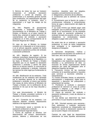 74
5. Nómina de todos los que se hubieren
incorporado al sindicato, asociación
profesional o comité de empresa, con
posterioridad a la asamblea general reunida
para constituirlos, con especificación del lugar
de su residencia, la profesión, oficio o
especialidad y el lugar de trabajo de los
integrantes.
Art. 444.- Registro de asociaciones
profesionales o sindicatos.- Recibida la
documentación en el Ministerio de Trabajo y
Empleo, el Ministro, en el plazo máximo de
treinta días, ordenará el registro del nombre y
características del sindicato o asociación
profesional en el libro correspondiente de la
Dirección Regional del Trabajo.
En caso de que el Ministro no hubiere
cumplido con lo dispuesto en el inciso anterior,
o en el artículo siguiente, quedará de hecho
reconocida la personería jurídica del sindicato
o asociación profesional.
Art. 445.- Negativa de registro.- Si los
estatutos contuvieren disposiciones contrarias
a la Constitución Política de la República o a
las leyes, el Ministro de Trabajo y Empleo
dispondrá que no se registre la asociación
profesional o sindicato, y dentro del plazo
fijado en el artículo anterior, lo comunicará la
asociación profesional o sindicato, indicando
las razones de orden legal que fundamenten la
negativa.
Art. 446.- Modificación de los estatutos.- Toda
modificación de los estatutos será aprobada
por la asamblea general de la asociación
profesional o sindicato, el mismo que remitirá
tres copias de dicha reforma al Ministerio de
Trabajo y Empleo, con la certificación de las
sesiones en las que se las haya discutido y
aprobado.
Con esta documentación, el Ministro de
Trabajo y Empleo procederá conforme a lo
dispuesto en los artículos anteriores.
Art. 447.- Contenido de los estatutos.- Los
estatutos deberán contener disposiciones
relativas a las siguientes materias:
1. Denominación social y domicilio de la
asociación profesional o sindicato;
2. Representación legal del mismo;
3. Forma de organizar la directiva, con
determinación del número, denominación,
período, deberes y atribuciones de sus
miembros, requisitos para ser elegidos,
causales y procedimientos de remoción;
4. Obligaciones y derechos de los afiliados;
5. Condiciones para la admisión de nuevos
socios;
6. Procedimiento para la fijación de cuotas o
contribuciones ordinarias y extraordinarias,
forma de pago y determinación del objeto de
las primeras;
7. La cuota mínima que deberá pagar cada
trabajador, que no podrá ser inferior al uno por
ciento de su remuneración. En las empresas
donde exista la asociación profesional o
sindicato formado de acuerdo a la ley, aun los
trabajadores no sindicalizados estarán
obligados a pagar esta cuota mínima.
De existir más de un sindicato o asociación
profesional, la cuota de estos trabajadores
será entregada a la organización que
designare el trabajador;
8. Sanciones disciplinarias, motivos y
procedimientos de expulsión con audiencia, en
todo caso, del o de los inculpados.
Se garantiza el ingreso de todos los
trabajadores a las respectivas organizaciones
laborales y su permanencia en ellas. La
exclusión de dichas organizaciones tendrá
apelación por parte del trabajador ante el
respectivo inspector de trabajo;
9. Frecuencia mínima de las reuniones
ordinarias de la asamblea general y requisitos
para convocar a reuniones ordinarias y
extraordinarias;
10. Fondos sindicales, bienes, su adquisición,
administración y enajenación, reglas para la
expedición y ejecución del presupuesto y
presentación de cuentas;
11. Prohibición al sindicato o asociación
profesional de intervenir en actos de política
partidista o religiosa, y de obligar a sus
miembros a intervenir en ellos;
12. Casos de extinción del sindicato o
asociación profesional y modo de efectuar su
liquidación; y,
13. Las demás que determinen las leyes
pertinentes o lo que resuelva la asamblea.
Art. 448.- Voluntad expresa para asociarse.-
Para pertenecer a cualquier asociación
legalmente constituida es indispensable que
conste por escrito la declaración expresa de
que se quiere integrar a tal asociación.
Carecen de valor legal las disposiciones
estatutarias de todas aquellas asociaciones
 