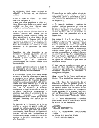 40
Se considerará como "haber individual de
jubilación" el formado por las siguientes
partidas:
a) Por el fondo de reserva a que tenga
derecho el trabajador; y,
b) Por una suma equivalente al cinco por
ciento del promedio de la remuneración anual
percibida en los cinco últimos años,
multiplicada por los años de servicio.
2. En ningún caso la pensión mensual de
jubilación patronal será mayor que la
remuneración básica unificada media del
último año ni inferior a treinta dólares de los
Estados Unidos de América (US $ 30)
mensuales, si solamente tiene derecho a la
jubilación del empleador, y de veinte dólares
de los Estados Unidos de América (US $ 20)
mensuales, si es beneficiario de doble
jubilación.
Exceptúase de esta disposición, a los
municipios y consejos provinciales del país
que conforman el régimen seccional
autónomo, quienes regularán mediante la
expedición de las ordenanzas
correspondientes la jubilación patronal para
éstos aplicable.
Las actuales pensiones jubilares a cargo de
los empleadores en sus valores mínimos se
sujetarán a lo dispuesto en esta regla.
3. El trabajador jubilado podrá pedir que el
empleador le garantice eficazmente el pago de
la pensión o, en su defecto, deposite en el
Instituto Ecuatoriano de Seguridad Social el
capital necesario para que éste le jubile por su
cuenta, con igual pensión que la que le
corresponda pagar al empleador, o podrá
pedir que el empleador le entregue
directamente un fondo global sobre la base de
un cálculo debidamente fundamentado y
practicado que cubra el cumplimiento de las
pensiones mensuales y adicionales
determinados en la ley, a fin de que el mismo
trabajador administre este capital por su
cuenta.
Sin perjuicio de lo dispuesto en el inciso
anterior, el jubilado no podrá percibir por
concepto de jubilación patronal una cantidad
inferior al cincuenta por ciento del sueldo,
salario básico o remuneración básica mínima
unificada sectorial que correspondiere al
puesto que ocupaba el jubilado al momento de
acogerse al beneficio, multiplicado por los
años de servicio.
El acuerdo de las partes deberá constar en
acta suscrita ante notario o autoridad
competente judicial o administrativa, con lo
cual se extinguirá definitivamente la obligación
del empleador; y,
4. En caso de liquidación o prelación de
créditos, quienes estuvieren en goce de
jubilación, tendrán derecho preferente sobre
los bienes liquidados o concursados y sus
créditos figurarán entre los privilegiados de
primera clase, con preferencia aun a los
hipotecarios.
Las reglas 1, 2 y 3, se refieren a los
trabajadores que no llegaren a ser afiliados al
Instituto Ecuatoriano de Seguridad Social
hasta el momento de obtener su jubilación. A
los trabajadores que se hallaren afiliados
cuando soliciten la jubilación, se aplicarán las
mismas reglas, pero el empleador tendrá
derecho a que del fondo de jubilación formado
de acuerdo con la regla 1, se le rebaje la suma
total que hubiere depositado en el Instituto
Ecuatoriano de Seguridad Social en concepto
de aporte del empleador o por fondo de
reserva del mismo.
En todo caso se tomarán en cuenta para la
rebaja del haber individual de jubilación, los
valores que por fondos de reserva hubiese
legalmente depositado el empleador o
entregado al trabajador.
Nota: Incluida Fe de Erratas, publicada en
Registro Oficial 340 de 23 de Agosto del 2006.
Art. 217.- Caso de fallecimiento de un
trabajador en goce de pensión jubilar.- Si
falleciere un trabajador que se halle en goce
de pensión jubilar, sus herederos tendrán
derecho a recibir durante un año, una pensión
igual a la que percibía el causante, de acuerdo
con las "Disposiciones Comunes" relativas a
las indemnizaciones por "Riesgos del Trabajo.
Art. 218.- Tabla de coeficientes.- La tabla de
coeficientes a la que se refiere la regla primera
del artículo 216, es la siguiente:
ANEXO No. 1
TABLA DE COEFICIENTES
EDAD AL DETERMINAR COEFICIENTE
VALOR
LA RENTA ACTUAL DE LA RENTA
VITALICIA UNITARIA ANUAL
 