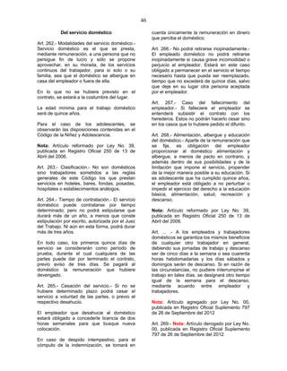46
Del servicio doméstico
Art. 262.- Modalidades del servicio doméstico.-
Servicio doméstico es el que se presta,
mediante remuneración, a una persona que no
persigue fin de lucro y sólo se propone
aprovechar, en su morada, de los servicios
continuos del trabajador, para sí solo o su
familia, sea que el doméstico se albergue en
casa del empleador o fuera de ella.
En lo que no se hubiere previsto en el
contrato, se estará a la costumbre del lugar.
La edad mínima para el trabajo doméstico
será de quince años.
Para el caso de los adolescentes, se
observarán las disposiciones contenidas en el
Código de la Niñez y Adolescencia.
Nota: Artículo reformado por Ley No. 39,
publicada en Registro Oficial 250 de 13 de
Abril del 2006.
Art. 263.- Clasificación.- No son domésticos
sino trabajadores sometidos a las reglas
generales de este Código los que prestan
servicios en hoteles, bares, fondas, posadas,
hospitales o establecimientos análogos.
Art. 264.- Tiempo de contratación.- El servicio
doméstico puede contratarse por tiempo
determinado; pero no podrá estipularse que
durará más de un año, a menos que conste
estipulación por escrito, autorizada por el Juez
del Trabajo. Ni aún en esta forma, podrá durar
más de tres años.
En todo caso, los primeros quince días de
servicio se considerarán como período de
prueba, durante el cual cualquiera de las
partes puede dar por terminado el contrato,
previo aviso de tres días. Se pagará al
doméstico la remuneración que hubiere
devengado.
Art. 265.- Cesación del servicio.- Si no se
hubiere determinado plazo podrá cesar el
servicio a voluntad de las partes, o previo el
respectivo desahucio.
El empleador que desahucie al doméstico
estará obligado a concederle licencia de dos
horas semanales para que busque nueva
colocación.
En caso de despido intempestivo, para el
cómputo de la indemnización, se tomará en
cuenta únicamente la remuneración en dinero
que perciba el doméstico.
Art. 266.- No podrá retirarse inopinadamente.-
El empleado doméstico no podrá retirarse
inopinadamente si causa grave incomodidad o
perjuicio al empleador. Estará en este caso
obligado a permanecer en el servicio el tiempo
necesario hasta que pueda ser reemplazado,
tiempo que no excederá de quince días, salvo
que deje en su lugar otra persona aceptada
por el empleador.
Art. 267.- Caso del fallecimiento del
empleador.- Si falleciere el empleador se
entenderá subsistir el contrato con los
herederos. Estos no podrán hacerlo cesar sino
en los casos que lo hubiere pedido el difunto.
Art. 268.- Alimentación, albergue y educación
del doméstico.- Aparte de la remuneración que
se fije, es obligación del empleador
proporcionar al doméstico alimentación y
albergue, a menos de pacto en contrario, y
además dentro de sus posibilidades y de la
limitación que impone el servicio, propender
de la mejor manera posible a su educación. Si
es adolescente que ha cumplido quince años,
el empleador está obligado a no perturbar o
impedir el ejercicio del derecho a la educación
básica, alimentación, salud, recreación y
descanso.
Nota: Artículo reformado por Ley No. 39,
publicada en Registro Oficial 250 de 13 de
Abril del 2006.
Art. ... .- A los empleados y trabajadores
domésticos se garantiza los mismos beneficios
de cualquier otro trabajador en general,
debiendo sus jornadas de trabajo y descanso
ser de cinco días a la semana o sea cuarenta
horas hebdomadarias y los días sábados y
domingos serán de descanso. Si en razón de
las circunstancias, no pudiere interrumpirse el
trabajo en tales días, se designará otro tiempo
igual de la semana para el descanso,
mediante acuerdo entre empleador y
trabajadores.
Nota: Artículo agregado por Ley No. 00,
publicada en Registro Oficial Suplemento 797
de 26 de Septiembre del 2012
Art. 269.- Nota: Artículo derogado por Ley No.
00, publicada en Registro Oficial Suplemento
797 de 26 de Septiembre del 2012
 