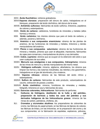 149
Centro Electrónico de Documentación e Información Judicial
XXVI. Ácido fluorhídrico: vidrieros grabadores.
XXVII.Vapores clorosos: preparación del cloruro de calcio, trabajadores en el
blanqueo, preparación del ácido clorhídrico, del cloruro de la sosa.
XXVIII. Anhídrido sulfuroso: fabricantes de ácido sulfúrico, tintoreros, papeleros
de colores y estampadores.
XXIX. Oxido de carbono: caldereros, fundidores de minerales y metales (altos
hornos) y mineros.
XXX. Ácido carbónico: los mismos obreros que para el óxido de carbono, y
además, poceros y letrineros.
XXXI. Arsénico o sus compuestos arsenicismo: obreros de las plantas de
arsénico, de las fundiciones de minerales y metales, tintoreros y demás
manipuladores del arsénico.
XXXII. Plomo o sus compuestos saturnismo: obreros de las fundiciones de
mineras y metales, pintores que usan el albayalde, impresores, fabricantes
de cajas para conservas y manipuladores de plomo y sus derivados.
XXXIII. Cobre, cuprismo: obreros que se ocupan en la obtención del cobre o que
usen cualquiera de sus sales.
XXXIV. Mercurio sus amalgamas o sus compuestos, hidrargirismo: mineros
de las minas de mercurio y demás manipuladores del mismo metal.
XXXV. Hidrógeno sulfurado: mineros, algiberos, albañaleros, los obreros que
limpian los hornos y las tuberías industriales, las retortas y los gasómetros,
trabajadores en el gas del alumbrado y los vinateros.
XXXVI. Vapores nitrosos: obreros de las fábricas del ácido nítrico y
estampadores.
XXXVII. Sulfuro de carbono: fabricantes de este producto, vulcanizadores de
caucho, extracción de grasas y aceites.
XXXVIII. Ácido cianhídrico: mineros, fundidores de minerales y metales,
fotógrafo, tintoreros en azul y fabricantes de sosa.
XXXIX. Esencias colorantes, hidrocarburos: fabricantes de perfumes.
XL. Carburos de hidrógeno, destilación de la hulla y del petróleo,
preparación de barnices y todos los usos del petróleo y sus
derivados halógenos de los hidrocarburos grasos: mineros de las
minas de carbón, petroleros, chóferes, etc.
XLI. Cromatos y sicromatos alcalinos: los preparadores de colorantes de
cromo; las fábricas de papel pintado; en las fábricas de lápices de colores;
las fábricas de tintas y en las tintorerías, en la preparación del cromo y de
sus componentes; en la fabricación de espoletas, explosivos, pólvoras,
 