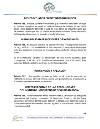 248
Centro Electrónico de Documentación e Información Judicial
BIENES SITUADOS EN DISTINTOS MUNICIPIOS
Artículo 785. Si todos o partes de los bienes que se rematan estuvieren situados
en distintos municipios de aquél en debe de hacerse la subasta; el Juez de la
causa librará despacho cometido al Juez del lugar donde se encuentren para que
fije también carteles por seis (6) días en los términos indicados. Sin la devolución
del despacho diligenciado no se podrá proceder al remate.
INADMISIBILIDAD DE INCIDENTES O EXCEPCIONES
Artículo 786. En el juicio ejecutivo no cabrán incidentes ni excepciones, salvo la
de pago verificado con posterioridad al título ejecutivo. El excepcionante de pago,
junto a su excepción, presentará las pruebas en la que la funde y el Juez fallará de
plano.
Si el demandante solicitare la celebración de una nueva audiencia para
contraprobar, si el juez, si lo considerare conveniente, podrá decretarla. Esta
audiencia deberá efectuarse dentro de los (5) días siguientes.
NOTIFICACIÓN Y APELACIÓN
Artículo 787. Las providencias que se dicten en el curso de este juicio se
notificará por avisos, salvo la primera, que lo será personalmente al ejecutado, y
solo serán apelables en el efecto devolutivo.
MERITO EJECUTIVO DE LAS RESOLUCIONES
DEL INSTITUTO HONDUREÑO DE SEGURIDAD SOCIAL
Artículo 788. También tendrán mérito ejecutivo ante la jurisdicción de trabajo las
resoluciones del Instituto Hondureño de Seguridad Social, o de las Cajas
Seccionales del mismo, por las cuales declaren la obligación de pagar las cuotas o
cotizaciones que se les adeuden, una vez agotado el procedimiento interno de la
respectiva entidad.
 