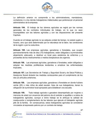 67
Centro Electrónico de Documentación e Información Judicial
La definición anterior no comprende a los administradores, mandadores,
contadores ni a los demás trabajadores intelectuales que pertenezcan al personal
administrativo de la empresa.
Artículo 194. El trabajo de los obreros agrícolas se regirá por las normas
generales de los contratos individuales de trabajo, en lo que no sean
incompatibles con las labores agrícolas y con las disposiciones del presente
Capítulo.
Cuando en el trabajo agrícola no se estipula unidad de tiempo, no estará sujeto a
horario, sino que será determinado por la naturaleza de la labor, las condiciones
de la región o por la costumbre.
Artículo 195. Las empresas agrícolas, ganaderas o forestales, que ocupen
permanentemente más de diez (10) trabajadores, están obligadas a suministrarles
alojamiento adecuado, a destinar un local para asistencia de enfermos y a
proveerles de los medicamentos o medios terapéuticos de urgencia.
Artículo 196. Las empresas agrícolas, ganaderas o forestales, están obligadas a
adoptar las medidas profilácticas tendientes a erradicar las enfermedades
tropicales.
Artículo 197. Las Secretarías de Trabajo y Seguridad Social y de Salud Pública y
Asistencia Social dictarán las medidas conducentes para el cumplimiento de los
dos (2) artículos anteriores.
Artículo 198. Las empresas agrícolas, ganaderas o forestales en donde hubiere
veinte (20) o más niños de edad escolar, hijos de sus trabajadores, tienen la
obligación de suministrar local apropiado para establecer una escuela.
Artículo 199. Todo trabajo agrícola o ganadero desempeñado por mujeres o
menores de edad con anuencia del patrono da el carácter a aquéllas o a éstos de
trabajadores agrícolas, aunque a dicho trabajo se le atribuya la calidad de
coadyuvante o complementario de las labores que ejecute el trabajador agrícola
jefe de la familia. En consecuencia, estos trabajadores agrícolas se consideran
vinculados al expresado patrono por un contrato de trabajo.
 