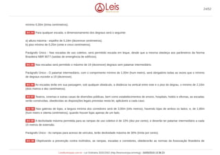mínimo 0,30m (trinta centímetros).
Para qualquer escada, o dimensionamento dos degraus será o seguinte:
a) altura máxima - espelho de 0,19m (dezenove centímetros);
b) piso mínimo de 0,25m (vinte e cinco centímetros).
Parágrafo Único - Nas escadas de uso coletivo, será permitido escada em leque, desde que a mesma obedeça aos parâmetros da Norma
Brasileira NBR 9077 (saídas de emergência de edifícios).
Nas escadas será permitido o máximo de 19 (dezenove) degraus sem patamar intermediário.
Parágrafo Único - O patamar intermediário, com o comprimento mínimo de 1,00m (hum metro), será obrigatório todas as vezes que o mínimo
de degraus exceder a 19 (dezenove).
As escadas terão em sua passagem, sob qualquer obstáculo, a distância na vertical entre este e o piso do degrau, o mínimo de 2,10m
(dois metros e dez centímetros).
Teatros, cinemas e outras casas de diversões públicas, bem como estabelecimentos de ensino, hospitais, hotéis e oficinas, as escadas
serão construídas, obedecidas as disposições legais previstas nesta lei, aplicáveis a cada caso.
Nas galerias de lojas, a largura mínima dos corredores será de 3,00m (três metros), havendo lojas de ambos os lados; e, de 1,80m
(hum metro e oitenta centímetros), quando houver lojas apenas de um lado.
A declividade máxima permitida para as rampas de uso coletivo é de 10% (dez por cento), e deverão ter patamar intermediário a cada
15 metros de extensão.
Parágrafo Único - As rampas para acesso de veículos, terão declividade máxima de 30% (trinta por cento).
Objetivando a prevenção contra incêndios, as rampas, escadas e corredores, obedecerão as normas da Associação Brasileira de
Art. 54
Art. 55
Art. 56
Art. 57
Art. 58
Art. 59
Art. 60
24/52
LeisMunicipais.com.br - Lei Ordinária 3032/2002 (http://leismunicipa.is/mnlug) - 24/05/2019 13:36:23
 