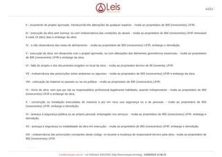 II - viciamento de projeto aprovado, introduzindo-lhe alterações de qualquer espécie: - multa ao proprietário de 900 (novecentos) UFIR;
III - execução da obra sem licença, ou com inobservância das condições do alvará: - multa ao proprietário de 900 (novecentos) UFIR renovável
à cada 10 (dez) dias e embargo da obra;
IV - a não observância das notas de alinhamento: - multa ao proprietário de 900 (novecentos) UFIR, embargo e demolição;
V - execução de obra, em desacordo com o projeto aprovado, ou com alterações dos elementos geométricos essenciais: - multa ao proprietário
de 900 (novecentos) UFIR e embargo da obra;
VI - falta do projeto e dos documentos exigidos no local da obra: - multa ao proprietário técnico de 90 (noventa) UFIR;
VII - inobservância das prescrições sobre andaimes ou tapumes: - multa ao proprietário de 900 (novecentos) UFIR e embargo da obra;
VIII - colocação de material no passeio ou na via pública: - multa ao proprietário de 900 (novecentos) UFIR;
IX - início de obra, sem que por ela se responsabilize profissional legalmente habilitado, quando indispensável: - multa ao proprietário de 900
(novecentos) UFIR e embargo da obra;
X - construção ou instalação executadas de maneira a por em risco sua segurança ou a de pessoas: - multa ao proprietário de 900
(novecentos) UFIR, embargo e demolição;
XI - ameaça à segurança pública ou ao próprio pessoal, empregado nos serviços: - multa ao proprietário de 900 (novecentos) UFIR, embargo e
demolição;
XII - ameaça à segurança ou estabilidade da obra em execução: - multa ao proprietário de 900 (novecentos) UFIR, embargo e demolição;
XIII - inobservância das prescrições constantes deste código, no tocante à mudança de responsável técnico pela obra:- multa ao proprietário de
900 (novecentos) UFIR.
Art. 130
44/52
LeisMunicipais.com.br - Lei Ordinária 3032/2002 (http://leismunicipa.is/mnlug) - 24/05/2019 13:36:23
 