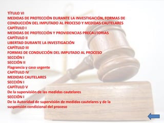 TÍTULO VI
MEDIDAS DE PROTECCIÓN DURANTE LA INVESTIGACIÓN, FORMAS DE
CONDUCCIÓN DEL IMPUTADO AL PROCESO Y MEDIDAS CAUTELARES
CAPÍTULO I
MEDIDAS DE PROTECCIÓN Y PROVIDENCIAS PRECAUTORIAS
CAPÍTULO II
LIBERTAD DURANTE LA INVESTIGACIÓN
CAPÍTULO III
FORMAS DE CONDUCCIÓN DEL IMPUTADO AL PROCESO
SECCIÓN I
SECCIÓN II
Flagrancia y caso urgente
CAPÍTULO IV
MEDIDAS CAUTELARES
SECCIÓN I
CAPÍTULO V
De la supervisión de las medidas cautelares
SECCIÓN I
De la Autoridad de supervisión de medidas cautelares y de la
suspensión condicional del proceso
 