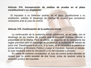 Artículo 314. Incorporación de medios de prueba en el plazo
constitucional o su ampliación
El imputado o su Defensor podrán, en el plazo constitucional o su
ampliación, solicitar el desahogo de medios de prueba que consideren
necesarios ante el Juez de control.
Artículo 315. Continuación de la audiencia inicial
La continuación de la audiencia inicial comenzará, en su caso, con el
desahogo de los medios de prueba que el imputado hubiese ofrecido o
presentado en la misma. Para tal efecto, se seguirán en lo conducente las
reglas previstas para el desahogo de pruebas en la audiencia de debate de
juicio oral. Desahogada la prueba, si la hubo, se le concederá la palabra en
primer término al Ministerio Público y luego al imputado. Agotado el debate,
el Juez resolverá sobre la vinculación o no del imputado a proceso.
En casos de extrema complejidad, el Juez de control podrá decretar un
receso que no podrá exceder de dos horas, antes de resolver sobre la
situación jurídica del imputado.
 