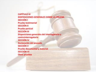 CAPÍTULO IV
DISPOSICIONES GENERALES SOBRE LA PRUEBA
SECCIÓN I
Prueba testimonial
SECCIÓN II
Prueba pericial
SECCIÓN III
Disposiciones generales del interrogatorio y
contrainterrogatorio
SECCIÓN IV
Declaración del acusado
SECCIÓN V
Prueba documental y material
SECCIÓN VI
Otras pruebas
 