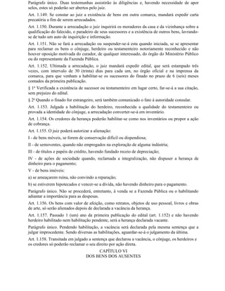 Parágrafo único. Duas testemunhas assistirão às diligências e, havendo necessidade de apor
selos, estes só poderão ser abertos pelo juiz.
Art. 1.149. Se constar ao juiz a existência de bens em outra comarca, mandará expedir carta
precatória a fim de serem arrecadados.
Art. 1.150. Durante a arrecadação o juiz inquirirá os moradores da casa e da vizinhança sobre a
qualificação do falecido, o paradeiro de seus sucessores e a existência de outros bens, lavrando-
se de tudo um auto de inquirição e informação.
Art. 1.151. Não se fará a arrecadação ou suspender-se-á esta quando iniciada, se se apresentar
para reclamar os bens o cônjuge, herdeiro ou testamenteiro notoriamente reconhecido e não
houver oposição motivada do curador, de qualquer interessado, do órgão do Ministério Público
ou do representante da Fazenda Pública.
Art. 1.152. Ultimada a arrecadação, o juiz mandará expedir edital, que será estampado três
vezes, com intervalo de 30 (trinta) dias para cada um, no órgão oficial e na imprensa da
comarca, para que venham a habilitar-se os sucessores do finado no prazo de 6 (seis) meses
contados da primeira publicação.
§ 1o Verificada a existência de sucessor ou testamenteiro em lugar certo, far-se-á a sua citação,
sem prejuízo do edital.
§ 2o Quando o finado for estrangeiro, será também comunicado o fato à autoridade consular.
Art. 1.153. Julgada a habilitação do herdeiro, reconhecida a qualidade do testamenteiro ou
provada a identidade do cônjuge, a arrecadação converter-se-á em inventário.
Art. 1.154. Os credores da herança poderão habilitar-se como nos inventários ou propor a ação
de cobrança.
Art. 1.155. O juiz poderá autorizar a alienação:
I - de bens móveis, se forem de conservação difícil ou dispendiosa;
Il - de semoventes, quando não empregados na exploração de alguma indústria;
Ill - de títulos e papéis de crédito, havendo fundado receio de depreciação;
IV - de ações de sociedade quando, reclamada a integralização, não dispuser a herança de
dinheiro para o pagamento;
V - de bens imóveis:
a) se ameaçarem ruína, não convindo a reparação;
b) se estiverem hipotecados e vencer-se a dívida, não havendo dinheiro para o pagamento.
Parágrafo único. Não se procederá, entretanto, à venda se a Fazenda Pública ou o habilitando
adiantar a importância para as despesas.
Art. 1.156. Os bens com valor de afeição, como retratos, objetos de uso pessoal, livros e obras
de arte, só serão alienados depois de declarada a vacância da herança.
Art. 1.157. Passado 1 (um) ano da primeira publicação do edital (art. 1.152) e não havendo
herdeiro habilitado nem habilitação pendente, será a herança declarada vacante.
Parágrafo único. Pendendo habilitação, a vacância será declarada pela mesma sentença que a
julgar improcedente. Sendo diversas as habilitações, aguardar-se-á o julgamento da última.
Art. 1.158. Transitada em julgado a sentença que declarou a vacância, o cônjuge, os herdeiros e
os credores só poderão reclamar o seu direito por ação direta.
                                      CAPÍTULO VI
                                 DOS BENS DOS AUSENTES
 