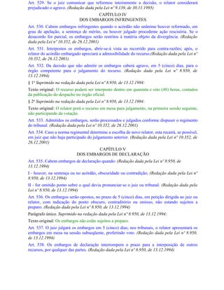 Art. 529. Se o juiz comunicar que reformou inteiramente a decisão, o relator considerará
prejudicado o agravo. (Redação dada pela Lei nº 9.139, de 30.11.1995)
                                    CAPÍTULO IV
                             DOS EMBARGOS INFRINGENTES
Art. 530. Cabem embargos infringentes quando o acórdão não unânime houver reformado, em
grau de apelação, a sentença de mérito, ou houver julgado procedente ação rescisória. Se o
desacordo for parcial, os embargos serão restritos à matéria objeto da divergência. (Redação
dada pela Lei nº 10.352, de 26.12.2001)
Art. 531. Interpostos os embargos, abrir-se-á vista ao recorrido para contra-razões; após, o
relator do acórdão embargado apreciará a admissibilidade do recurso.(Redação dada pela Lei nº
10.352, de 26.12.2001)
Art. 532. Da decisão que não admitir os embargos caberá agravo, em 5 (cinco) dias, para o
órgão competente para o julgamento do recurso. (Redação dada pela Lei nº 8.950, de
13.12.1994)
§ 1o Suprimido na redação dada pela Lei nº 8.950, de 13.12.1994:
Texto original: O recurso poderá ser interposto dentro em quarenta e oito (48) horas, contados
da publicação do despacho no órgão oficial.
§ 2o Suprimido na redação dada pela Lei nº 8.950, de 13.12.1994:
Texto original: O relator porá o recurso em mesa para julgamento, na primeira sessão seguinte,
não participando da votação.
Art. 533. Admitidos os embargos, serão processados e julgados conforme dispuser o regimento
do tribunal. (Redação dada pela Lei nº 10.352, de 26.12.2001)
Art. 534. Caso a norma regimental determine a escolha de novo relator, esta recairá, se possível,
em juiz que não haja participado do julgamento anterior. (Redação dada pela Lei nº 10.352, de
26.12.2001)
                                   CAPÍTULO V
                           DOS EMBARGOS DE DECLARAÇÃO
Art. 535. Cabem embargos de declaração quando: (Redação dada pela Lei nº 8.950, de
13.12.1994)
I - houver, na sentença ou no acórdão, obscuridade ou contradição; (Redação dada pela Lei nº
8.950, de 13.12.1994)
II - for omitido ponto sobre o qual devia pronunciar-se o juiz ou tribunal. (Redação dada pela
Lei nº 8.950, de 13.12.1994)
Art. 536. Os embargos serão opostos, no prazo de 5 (cinco) dias, em petição dirigida ao juiz ou
relator, com indicação do ponto obscuro, contraditório ou omisso, não estando sujeitos a
preparo. (Redação dada pela Lei nº 8.950, de 13.12.1994)
Parágrafo único. Suprimido na redação dada pela Lei nº 8.950, de 13.12.1994:
Texto original: Os embargos não estão sujeitos a preparo.
Art. 537. O juiz julgará os embargos em 5 (cinco) dias; nos tribunais, o relator apresentará os
embargos em mesa na sessão subseqüente, proferindo voto. (Redação dada pela Lei nº 8.950,
de 13.12.1994)
Art. 538. Os embargos de declaração interrompem o prazo para a interposição de outros
recursos, por qualquer das partes. (Redação dada pela Lei nº 8.950, de 13.12.1994)
 