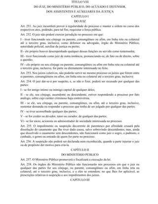 TÍTULO VIII
          DO JUIZ, DO MINISTÉRIO PÚBLICO, DO ACUSADO E DEFENSOR,
                     DOS ASSISTENTES E AUXILIARES DA JUSTIÇA
                                         CAPÍTULO I
                                            DO JUIZ
Art. 251. Ao juiz incumbirá prover à regularidade do processo e manter a ordem no curso dos
respectivos atos, podendo, para tal fim, requisitar a força pública.
Art. 252. O juiz não poderá exercer jurisdição no processo em que:
I - tiver funcionado seu cônjuge ou parente, consangüíneo ou afim, em linha reta ou colateral
até o terceiro grau, inclusive, como defensor ou advogado, órgão do Ministério Público,
autoridade policial, auxiliar da justiça ou perito;
II - ele próprio houver desempenhado qualquer dessas funções ou servido como testemunha;
III - tiver funcionado como juiz de outra instância, pronunciando-se, de fato ou de direito, sobre
a questão;
IV - ele próprio ou seu cônjuge ou parente, consangüíneo ou afim em linha reta ou colateral até
o terceiro grau, inclusive, for parte ou diretamente interessado no feito.
Art. 253. Nos juízos coletivos, não poderão servir no mesmo processo os juízes que forem entre
si parentes, consangüíneos ou afins, em linha reta ou colateral até o terceiro grau, inclusive.
Art. 254. O juiz dar-se-á por suspeito, e, se não o fizer, poderá ser recusado por qualquer das
partes:
I - se for amigo íntimo ou inimigo capital de qualquer deles;
II - se ele, seu cônjuge, ascendente ou descendente, estiver respondendo a processo por fato
análogo, sobre cujo caráter criminoso haja controvérsia;
III - se ele, seu cônjuge, ou parente, consangüíneo, ou afim, até o terceiro grau, inclusive,
sustentar demanda ou responder a processo que tenha de ser julgado por qualquer das partes;
IV - se tiver aconselhado qualquer das partes;
V - se for credor ou devedor, tutor ou curador, de qualquer das partes;
Vl - se for sócio, acionista ou administrador de sociedade interessada no processo.
Art. 255. O impedimento ou suspeição decorrente de parentesco por afinidade cessará pela
dissolução do casamento que Ihe tiver dado causa, salvo sobrevindo descendentes; mas, ainda
que dissolvido o casamento sem descendentes, não funcionará como juiz o sogro, o padrasto, o
cunhado, o genro ou enteado de quem for parte no processo.
Art. 256. A suspeição não poderá ser declarada nem reconhecida, quando a parte injuriar o juiz
ou de propósito der motivo para criá-la.
                                         CAPÍTULO II
                                 DO MINISTÉRIO PÚBLICO
Art. 257. O Ministério Público promoverá e fiscalizará a execução da lei.
Art. 258. Os órgãos do Ministério Público não funcionarão nos processos em que o juiz ou
qualquer das partes for seu cônjuge, ou parente, consangüíneo ou afim, em linha reta ou
colateral, até o terceiro grau, inclusive, e a eles se estendem, no que Ihes for aplicável, as
prescrições relativas à suspeição e aos impedimentos dos juízes.
                                         CAPÍTULO III
 