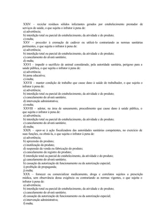 XXIV – reciclar resíduos sólidos infectantes gerados por estabelecimento prestador de
serviços de saúde, o que sujeita o infrator à pena de:
a) advertência;
b) interdição total ou parcial do estabelecimento, da atividade e do produto;
c) multa;
XXV – proceder à cremação de cadáver ou utilizá-lo contrariando as normas sanitárias
pertinentes, o que sujeita o infrator à pena de:
a) advertência;
b) interdição total ou parcial do estabelecimento, da atividade e do produto;
c) cancelamento do alvará sanitário;
d) multa;
XXVI – impedir o sacrifício de animal considerado, pela autoridade sanitária, perigoso para a
saúde pública, o que sujeita o infrator à pena de:
a) advertência;
b) pena educativa;
c) multa;
XXVII – manter condição de trabalho que cause dano à saúde do trabalhador, o que sujeita o
infrator à pena de:
a) advertência;
b) interdição total ou parcial do estabelecimento, da atividade e do produto;
c) cancelamento do alvará sanitário;
d) intervenção administrativa;
e) multa;
XXVIII – adotar, na área de saneamento, procedimento que cause dano à saúde pública, o
que sujeita o infrator à pena de:
a) advertência;
b) interdição total ou parcial do estabelecimento, da atividade e do produto;
c) cancelamento do alvará sanitário;
d) multa;
XXIX – opor-se à ação fiscalizadora das autoridades sanitárias competentes, no exercício de
suas funções, ou obstá-la, o que sujeita o infrator à pena de:
a) advertência;
b) apreensão do produto;
c) inutilização do produto;
d) suspensão da venda ou fabricação do produto;
e) cancelamento do registro do produto;
f) interdição total ou parcial do estabelecimento, da atividade e do produto;
g) cancelamento do alvará sanitário;
h) cassação da autorização de funcionamento ou da autorização especial;
i) proibição de propaganda;
j) multa;
XXX – fornecer ou comercializar medicamento, droga e correlatos sujeitos a prescrição
médica, sem observância dessa exigência ou contrariando as normas vigentes, o que sujeita o
infrator à pena de:
a) advertência;
b) interdição total ou parcial do estabelecimento, da atividade e do produto;
c) cancelamento do alvará sanitário;
d) cassação da autorização de funcionamento ou da autorização especial;
e) intervenção administrativa;
f) multa;
 