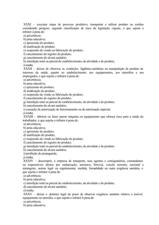 XXXI – executar etapa de processo produtivo, transportar e utilizar produto ou resíduo
considerado perigoso, segundo classificação de risco da legislação vigente, o que sujeita o
infrator à pena de:
a) advertência;
b) pena educativa;
c) apreensão do produto;
d) inutilização do produto;
e) suspensão da venda ou fabricação do produto;
f) cancelamento do registro do produto;
g) cancelamento do alvará sanitário;
h) interdição total ou parcial do estabelecimento, da atividade e do produto;
i) multa;
XXXII – deixar de observar as condições higiênico-sanitárias na manipulação de produto de
interesse da saúde, quanto ao estabelecimento, aos equipamentos, aos utensílios e aos
empregados, o que sujeita o infrator à pena de:
a) advertência;
b) pena educativa;
c) apreensão do produto;
d) inutilização do produto;
e) suspensão da venda ou fabricação do produto;
f) cancelamento do registro do produto;
g) interdição total ou parcial do estabelecimento, da atividade e do produto;
h) cancelamento do alvará sanitário;
i) cassação da autorização de funcionamento ou da autorização especial;
j) multa;
XXXIII – fabricar ou fazer operar máquina ou equipamento que ofereça risco para a saúde do
trabalhador, o que sujeita o infrator à pena de:
a) advertência;
b) pena educativa;
c) apreensão do produto;
d) inutilização do produto;
e) suspensão da venda ou fabricação do produto;
f) cancelamento do registro do produto;
g) interdição total ou parcial do estabelecimento, da atividade e do produto;
h) cancelamento do alvará sanitário;
i) proibição de propaganda;
j) multa;
XXXIV – descumprir, a empresa de transporte, seus agentes e consignatários, comandantes
ou responsáveis diretos por embarcação, aeronave, ferrovia, veículo terrestre, nacional e
estrangeiro, norma legal ou regulamentar, medida, formalidade ou outra exigência sanitária, o
que sujeita o infrator à pena de:
a) advertência;
b) pena educativa;
c) interdição total ou parcial do estabelecimento, da atividade e do produto;
d) cancelamento do alvará sanitário;
e) multa;
XXXV – deixar o detentor legal da posse de observar exigência sanitária relativa a imóvel,
equipamento ou utensílio, o que sujeita o infrator à pena de:
a) advertência;
b) pena educativa;
 