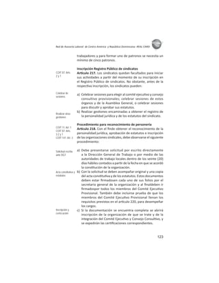 123
ASIES
Red de Asesoría Laboral de Centro América y República Dominicana -REAL CARD-
trabajadores y para formar uno de patronos se necesita un
mínimo de cinco patronos.
Inscripción Registro Público de sindicatos
Ar culo 217. Los sindicatos quedan facultados para iniciar
sus ac vidades a par r del momento de su inscripción en
el Registro Público de sindicatos. No obstante, antes de la
respec va inscripción, los sindicatos pueden:
a) Celebrar sesiones para elegir al comité ejecu vo y consejo
consultivo provisionales; celebrar sesiones de estos
órganos y de la Asamblea General, o celebrar sesiones
para discu r y aprobar sus estatutos.
b) Realizar ges ones encaminadas a obtener el registro de
la personalidad jurídica y de los estatutos del sindicato.
Procedimiento para reconocimiento de personería
Ar culo 218. Con el ﬁnde obtener el reconocimiento de la
personalidad jurídica, aprobación de estatutos e inscripción
de las organizaciones sindicales, debe observarse el siguiente
procedimiento:
a) Debe presentarse solicitud por escrito directamente
a la Dirección General de Trabajo o por medio de las
autoridades de trabajo locales dentro de los veinte (20)
días hábiles contados a par r de la fecha en que se acordó
la cons tución de la organización.
b) Con la solicitud se deben acompañar original y una copia
del acta cons tu va y de los estatutos. Estos documentos
deben estar ﬁrmadosen cada uno de sus folios por el
secretario general de la organización y al ﬁnaldeben ir
ﬁrmadospor todos los miembros del Comité Ejecu vo
Provisional. También debe incluirse prueba de que los
miembros del Comité Ejecu vo Provisional llenan los
requisitos previstos en el ar culo 220, para desempeñar
los cargos.
c) Si la documentación se encuentra completa se abrirá
inscripción de la organización de que se trate y de la
integración del Comité Ejecu vo y Consejo Consul vo, y
se expedirán las cer ﬁcaciones correspondientes.
COIT 87: Arts.
2 y 7
Celebrar de
sesiones
Realizar otras
gestiones
COIT 11: Art. 1
COIT 87: Arts.
3.2 y 7
COIT 141: Art. 3
Solicitud escrita:
ante DGT
Acta constitutiva y
estatutos
Inscripción y
certiﬁcación
 