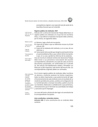 125
ASIES
Red de Asesoría Laboral de Centro América y República Dominicana -REAL CARD-
acompañarse original y una copia del acta de sesión de la
Asamblea General que así lo decidió.
Registro público de sindicatos: DGT
Ar culo 219. La Dirección General de Trabajo debe llevar un
registro público de sindicatos en el que han de inscribirse
éstos, a cuyo efecto la respec va inscripción debe contener,
por lo menos, los siguientes datos:
a) Número, lugar y fecha de inscripción.
b) Copia de los datos a que se reﬁerenlos incisos a) y b) del
ar culo 220.
c) Copia de los estatutos del sindicato o, en su caso, de sus
reformas; y
d) Transcripcióndelacuerdoqueotorgólaautorizacióndeley
y la personalidad jurídica y que ordenó dicha inscripción,
o que, en su caso, aprobó las reformas de los estatutos.
Una vez inscrito el sindicato la Dirección General de Trabajo
debe enviar a sus personeros transcripción del acuerdo
correspondiente y devolverles una copia de cada uno de los
documentos presentados, de conformidad con el párrafo
2o. del ar culo 218 debidamente sellada y ﬁrmadaen sus
folios por el jefe respec vo, todo dentro del tercero día. Los
correspondientes originales deben ser archivados.
En el mismo registro público de sindicatos debe inscribirse
sin demora y conforme acaezcan los hechos respec vos,
todos los datos importantes a que posteriormente dé lugar
el funcionamiento de cada sindicato como el resultado de su
rendición periódica de cuentas, cambios en la integración de
su Comité Ejecu vo o Consejo Consul vo, padrón anual de
sus miembros, federación o confederación a que pertenezca,
amonestaciones que le formulen las autoridades de trabajo
y sanciones que le impongan.
Los casos de fusión y disolución dan lugar a la cancelación de
la correspondiente inscripción.
Acta cons tu va: contenido mínimo
Artículo 220. El acta constitutiva de un sindicato debe
contener:
COIT 87: Art 7
COIT 141: Art. 3.3
Requisitos
Número y fecha
Copia de datos
art. 220 CT
Copia de
Estatutos
Transcripción de
acuerdo
Envío copia a
interesados
Datos adicionales
a inscribir:
rendición
de cuentas,
integración
de comités
consultivos o
ejecutivos, padrón
de miembros,
amonestaciones y
sanciones
Fusión y
disolución
 