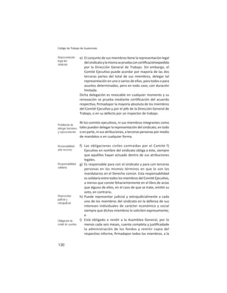 130
Código de Trabajo de Guatemala
e) El conjunto de sus miembros ene la representación legal
delsindicatoylamismasepruebaconcer ﬁcaciónexpedida
por la Dirección General de Trabajo. Sin embargo, el
Comité Ejecu vo puede acordar por mayoría de las dos
terceras partes del total de sus miembros, delegar tal
representación en uno o varios de ellos, para todos o para
asuntos determinados, pero en todo caso, con duración
limitada.
Dicha delegación es revocable en cualquier momento y su
renovación se prueba mediante cer ﬁcación del acuerdo
respec vo, ﬁrmadopor la mayoría absoluta de los miembros
del Comité Ejecu vo y por el jefe de la Dirección General de
Trabajo, o en su defecto por un inspector de trabajo.
Ni los comités ejecu vos, ni sus miembros integrantes como
tales pueden delegar la representación del sindicato, en todo
o en parte, ni sus atribuciones, a terceras personas por medio
de mandatos o en cualquier forma.
f) Las obligaciones civiles contraídas por el Comité f)
Ejecu vo en nombre del sindicato obliga a éste, siempre
que aquéllos hayan actuado dentro de sus atribuciones
legales.
g) Es responsable para con el sindicato y para con terceras
personas en los mismos términos en que lo son los
mandatarios en el Derecho común. Esta responsabilidad
essolidariaentretodoslosmiembrosdelComitéEjecu vo,
a menos que conste fehacientemente en el libro de actas
que alguno de ellos, en el caso de que se trate, emi ó su
voto, en contrario.
h) Puede representar judicial y extrajudicialmente a cada
uno de los miembros del sindicato en la defensa de sus
intereses individuales de carácter económico y social
siempre que dichos miembros lo soliciten expresamente;
e
i) Está obligado a rendir a la Asamblea General, por lo
menos cada seis meses, cuenta completa y jus ﬁcadade
la administración de los fondos y remitir copia del
respec vo informe, ﬁrmadapor todos los miembros, a la
Representación
legal del
sindicato
Prohibición de
delegar funciones
y representación
Resonsabilidad
ante terceros
Responsabilidad
solidaria
Representar
judicial y
extrajudicial
Obligación de
rendir de cuentas
 