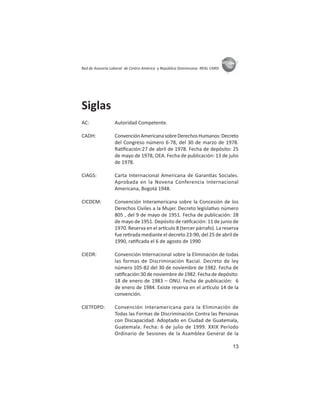 13
ASIES
Red de Asesoría Laboral de Centro América y República Dominicana -REAL CARD-
Siglas
AC: Autoridad Competente.
CADH: ConvenciónAmericanasobreDerechosHumanos:Decreto
del Congreso número 6-78, del 30 de marzo de 1978.
Ra ﬁcación:27 de abril de 1978. Fecha de depósito: 25
de mayo de 1978, OEA. Fecha de publicación: 13 de julio
de 1978.
CIAGS: Carta Internacional Americana de Garan as Sociales.
Aprobada en la Novena Conferencia Internacional
Americana, Bogotá 1948.
CICDCM: Convención Interamericana sobre la Concesión de los
Derechos Civiles a la Mujer. Decreto legisla vo número
805 , del 9 de mayo de 1951. Fecha de publicación: 28
de mayo de 1951. Depósito de ra fcación: 11 de junio de
1970. Reserva en el ar culo 8 (tercer párrafo). La reserva
fue re rada mediante el decreto 23-90, del 25 de abril de
1990, ra ﬁcada el 6 de agosto de 1990
CIEDR: Convención Internacional sobre la Eliminación de todas
las formas de Discriminación Racial. Decreto de ley
número 105-82 del 30 de noviembre de 1982. Fecha de
ra ﬁcación:30 de noviembre de 1982. Fecha de depósito:
18 de enero de 1983 – ONU. Fecha de publicación: 6
de enero de 1984. Existe reserva en el ar culo 14 de la
convención.
CIETFDPD: Convención Interamericana para la Eliminación de
Todas las Formas de Discriminación Contra las Personas
con Discapacidad. Adoptado en Ciudad de Guatemala,
Guatemala. Fecha: 6 de julio de 1999. XXIX Período
Ordinario de Sesiones de la Asamblea General de la
 
