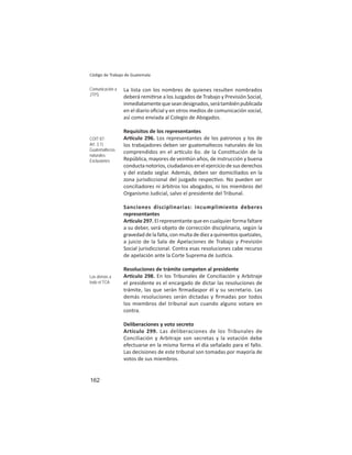 162
Código de Trabajo de Guatemala
La lista con los nombres de quienes resulten nombrados
deberá remi rse a los Juzgados de Trabajo y Previsión Social,
inmediatamentequeseandesignados,serátambiénpublicada
en el diario oﬁcial y en otros medios de comunicación social,
así como enviada al Colegio de Abogados.
Requisitos de los representantes
Ar culo 296. Los representantes de los patronos y los de
los trabajadores deben ser guatemaltecos naturales de los
comprendidos en el ar culo 6o. de la Cons tución de la
República, mayores de vein ún años, de instrucción y buena
conducta notorios, ciudadanos en el ejercicio de sus derechos
y del estado seglar. Además, deben ser domiciliados en la
zona jurisdiccional del juzgado respec vo. No pueden ser
conciliadores ni árbitros los abogados, ni los miembros del
Organismo Judicial, salvo el presidente del Tribunal.
Sanciones disciplinarias: incumplimiento deberes
representantes
Ar culo 297. El representante que en cualquier forma faltare
a su deber, será objeto de corrección disciplinaria, según la
gravedad de la falta, con multa de diez a quinientos quetzales,
a juicio de la Sala de Apelaciones de Trabajo y Previsión
Social jurisdiccional. Contra esas resoluciones cabe recurso
de apelación ante la Corte Suprema de Jus cia.
Resoluciones de trámite competen al presidente
Ar culo 298. En los Tribunales de Conciliación y Arbitraje
el presidente es el encargado de dictar las resoluciones de
trámite, las que serán ﬁrmadaspor él y su secretario. Las
demás resoluciones serán dictadas y ﬁrmadas por todos
los miembros del tribunal aun cuando alguno votare en
contra.
Deliberaciones y voto secreto
Artículo 299. Las deliberaciones de los Tribunales de
Conciliación y Arbitraje son secretas y la votación debe
efectuarse en la misma forma el día señalado para el fallo.
Las decisiones de este tribunal son tomadas por mayoría de
votos de sus miembros.
Comunicación a
JTPS
COIT 87:
Art. 3.1)
Guatemaltecos
naturales
Exclusiones
Las demás a
todo el TCA
 