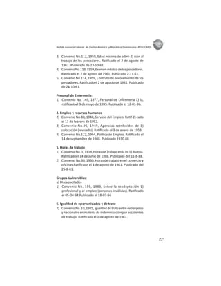 221
ASIES
Red de Asesoría Laboral de Centro América y República Dominicana -REAL CARD-
3) Convenio No.112, 1959, Edad mínima de admi-3) sión al
trabajo de los pescadores. Ra ﬁcado el 2 de agosto de
1961. Publicado de 23-10-61.
4) ConvenioNo.113,1959,Examenmédicodelospescadores.
Ra ﬁcado el 2 de agosto de 1961. Publicado 2-11-61.
5) Convenio No.114, 1959, Contrato de enrolamiento de los
pescadores. Ra ﬁcadoel 2 de agosto de 1961. Publicado
de 24-10-61.
Personal de Enfermería:
1) Convenio No. 149, 1977, Personal de Enfermería 1) la,
ra ﬁcadoel 9 de mayo de 1995. Publicado el 12-01-96.
4. Empleo y recursos humanos
2) Convenio No.88, 1948, Servicio del Empleo. Ra f-2) cado
el 13 de febrero de 1952.
3) Convenio No.96, 1949, Agencias retribuidas de 3)
colocación (revisado). Ra ﬁcado el 3 de enero de 1953.
4) Convenio No.122, 1964, Polí ca de Empleo. Ra ﬁcado el
14 de sep embre de 1988. Publicado 1910-88.
5. Horas de trabajo
1) Convenio No. 1, 1919, Horas de Trabajo en la In-1) dustria.
Ra ﬁcadoel 14 de junio de 1988. Publicado del 11-8-88.
2) Convenio No.30, 1930, Horas de trabajo en el comercio y
oﬁcinas.Ra ﬁcado el 4 de agosto de 1961. Publicado del
25-8-61.
Grupos Vulnerables:
a) Discapacitados
1) Convenio No. 159, 1983, Sobre la readaptación 1)
profesional y el empleo (personas inválidas). Ra ﬁcado
el 05-04-94.Publicado el 18-07-94
6. Igualdad de oportunidades y de trato
2) ConvenioNo.19,1925,Igualdaddetratoentreextranjeros
y nacionales en materia de indemnización por accidentes
de trabajo. Ra ﬁcado el 2 de agosto de 1961.
 