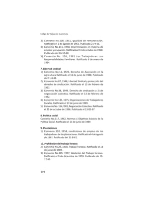 222
Código de Trabajo de Guatemala
3) Convenio No.100, 1951, Igualdad de remuneración.
Ra ﬁcado el 2 de agosto de 1961. Publicado 21-9-61.
4) Convenio No.111, 1958, Discriminación en materia de
empleo y ocupación. Ra ﬁcadoel 11 de octubre de 1960.
Publicado del 26-10-60.
5) Convenio No. 156, 1981 Los Trabajadores con
Responsabilidades Familiares. Ra ﬁcado 6 de enero de
1994.
7. Libertad sindical
1) Convenio No.11, 1921, Derecho de Asociación en la
Agricultura Ra ﬁcado el 14 de junio de 1988. Publicado
del 11-8-88.
2) Convenio No.87, 1948, Libertad Sindical y protección del
derecho de sindicación. Ra ﬁcado el 13 de febrero de
1952.
3) Convenio No.98, 1949. Derecho de sindicación y 3) de
negociación colec va. Ra ﬁcado el 13 de febrero de
1952.
4) Convenio No.141, 1975, Organizaciones de Trabajadores
Rurales. Ra ﬁcado el 13 de junio de 1989.
5) Convenio No. 154, l981, Negociación Colec va. Ra ﬁcado
el 29 de octubre de 1996. Publicado el 13-05-97
8. Polí ca social
Convenio No.117, 1962, Normas y Obje vos básicos de la
Polí ca Social. Ra ﬁcado el 13 de junio de 1989
9. Plantaciones
1) Convenio 110, 1958, condiciones de empleo de los
trabajadores de las plantaciones. Ra ﬁcado el 4 de agosto
de 1961. Publicado del 31-8-61.
10. Prohibición del trabajo forzoso
2) Convenio No.29, 1930, Trabajo Forzoso. Ra ﬁcado el 13
de junio de 1989.
3) Convenio No.105, 1957, Abolición del Trabajo forzoso.
Ra ﬁcado el 9 de diciembre de 1959. Publicado de 19-
12-59.
 
