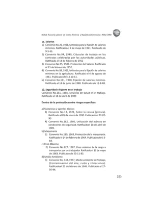 223
ASIES
Red de Asesoría Laboral de Centro América y República Dominicana -REAL CARD-
11. Salarios
1) ConvenioNo.26,1928,Métodosparalaﬁjacióndesalarios
mínimos. Ra ﬁcado el 4 de mayo de 1961. Publicado de
9-5-61.
2) Convenio No.94, 1949, Cláusulas de trabajo en los
contratos celebrados por las autoridades públicas.
Ra ﬁcado el 13 de febrero de 1952
3) Convenio No.95, 1949. Protección del Salario. Ra ﬁcado
el 13 de febrero de 1952
4) ConvenioNo.99,1951,Métodosparalaﬁjacióndesalarios
mínimos en la agricultura. Ra ﬁcado el 4 de agosto de
1961. Publicado del 13-10-61.
5) Convenio No.131, 1970, Fijación de salarios mínimos.
Ra ﬁcado el 14 de junio de 1988. Publicado de 11-8-88.
12. Seguridad e higiene en el trabajo
Convenio No.161, 1985, Servicios de Salud en el trabajo.
Ra ﬁcado el 18 de abril de 1989
Dentro de la protección contra riesgos específcos:
a) Sustancias y agentes tóxicos
3) Convenio No.13, 1921, Sobre la cerusa (pintura).
Ra ﬁcado el 05 de enero de 1990. Publicado el 27-07-
90
4) Convenio No.162, 1986, U lización del asbesto en
condiciones de seguridad. Ra ﬁcadoel 18 de abril de
1989.
b) Maquinaria
1) Convenio No.119, 1963, Protección de la maquinaria.
Ra ﬁcado el 14 de febrero de 1964. Publicado de 6-3-
84.
c) Peso Máximo
2) Convenio No.127, 1967, Peso máximo de la carga a
transportar por un trabajador. Ra fcado el 11 de mayo
de 1983. Publicado de 23-11-83.
d) Medio Ambiente
3) Convenio No. 148, 1977, Medio ambiente de Trabajo,
(Contaminación del aire, ruido y vibraciones).
Ra ﬁcadoel 22 de febrero de 1946. Publicado el 27-
05-96.
 
