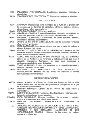 XXIII.- CALAMBRES PROFESIONALES: Escribientes, pianistas, violinistas y
telegrafistas.
XXIV.- DEFORMACIONES PROFESIONALES: Zapateros, carpinteros, albañiles.
INTOXICACIONES
XXV.- AMONIACO: Trabajadores en la destilación de la hulla, en la preparación
de abonos para los terrenos de agricultura, letrineros, poceros, mineros,
fabricantes de hielo y estampadores.
XXVI.- ACIDO FLUORHIDRICO: Vidrieros grabadores.
XXVII.- VAPORES CLOROSOS: Preparación del cloruro de calcio, trabajadores en
el blanqueo, preparación del acido clorhídrico, del cloruro de la sosa.
XXVIII.- ANHÍDRIDO SULFOROSO: Fabricantes de ácido sulfúrico, tintores,
papeleros de colores y estampadores.
XXIX.- OXCIDO DE CARBONO: Caldereros, fundidores de minerales y metales
(altos hornos), y mineros.
XXX.- ACIDO CARBONICO: Los mismos obreros que para el oxido de carbono y
además: Poceros y letrineros.
XXXI.- ARSENICO O SUS COMPUESTOS, ARSENICISMO: Obreros de las
plantas de arsénico, de las fundiciones de minerales y metales, tintoreros y
demás manipuladores del arsénico.
XXXII.- PLOMO, SUS ALEACIONES O SUS COMPUESTOS, SATURNISMO:
Obreros de las fundiciones de minerales y metales, pintores que usan el
albayalde, impresores, fabricantes de cajas para conservas y
manipuladores del plomo y sus derivados.
XXXIII.- COBRE, CUPRISMO: Obreros que se ocupan en la obtención del cobre o
que usan cualquiera de sus sales.
XXXIV.- MERCURIO, SUS AMALGAMAS O SUS COMPUESTOS,
HIDRARGIRISMO: Mineros de las minas de mercurio y demás
manipuladores del mismo metal.
HIDROGENO SULFURADO
XXXV.- Mineros, algiberos, albañileros, los obreros que limpian los hornos y las
tuberías industriales, las retortas y los gasómetros, trabajadores en el gas
del alumbrado y los vinateros.
XXXVI.- VAPORES NITROSOS: Obreros de las fabricas del ácido nítrico y
estampadores.
XXXVII.- SULFURO DE CARBONO: Fabricantes de este producto, vulcanizadores
de caucho, extracción de grasas y aceites.
XXXVIII.- ACIDO CIANHIDRICO: Mineros, fundidores de minerales y metales,
fotógrafos, tintoreros en azul y fabricantes de sosa.
XXXIX.- ESENCIAS COLORANTES, HIDROCARBUROS: Fabricantes de
perfumes.
XL.- CARBUROS DE HIDRÓGENO, DESTILACION DE LA HULLA Y DEL
PETROLEO, PREPARACIÓN DE BARNICES Y TODOS LOS USOS DEL
PETROLEO Y SUS DERIVADOS, HALÓGENOS DE LOS
HIDROCARBUROS GRASOS: Mineros de las minas de carbón,
petroleros, chóferes, etc.
 