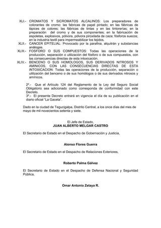 XLI.- CROMATOS Y SICROMATOS ALCALINOS: Los preparadores de
colorantes de cromo: las fabricas de papel pintado; en las fábricas de
lápices de colores; las fábricas de tintas y en las tintorerías; en la
preparación del cromo y de sus componentes; en la fabricación de
espoletas, explosivos, pólvora, pólvora piroxilada de caza; fósforos suecos;
en la industria textil para impermeabilizar los tejidos.
XLII.- CANCER EPITELIAL: Provocado por la parafina, alquitrán y substancias
análogas.
XLIII.- FOSFORO O SUS COMPUESTOS: Todas las operaciones de la
producción, separación o utilización del fósforo o de sus compuestos, con
las consecuencias directas de esta intoxicación.
XLIV.- BENCENO O SUS HOMOLOGOS, SUS DERIVADOS NITROSOS Y
AMINICOS, CON LAS CONSECUENCIAS DIRECTAS DE ESTA
INTOXICACION: Todas las operaciones de la producción, separación o
utilización del benceno o de sus homólogos o de sus derivados nitrosos y
amínicos.
2º.- Que el Artículo 124 del Reglamento de la Ley del Seguro Social
Obligatorio sea adicionado como corresponda de conformidad con este
Decreto.
3º.- El presente Decreto entrará en vigencia el día de su publicación en el
diario oficial “La Gaceta”.
Dado en la ciudad de Tegucigalpa, Distrito Central, a los once días del mes de
mayo de mil novecientos setenta y siete.
El Jefe de Estado,
JUAN ALBERTO MELGAR CASTRO
El Secretario de Estado en el Despacho de Gobernación y Justicia,
Alonso Flores Guerra
El Secretario de Estado en el Despacho de Relaciones Exteriores,
Roberto Palma Gálvez
El Secretario de Estado en el Despacho de Defensa Nacional y Seguridad
Pública,
Omar Antonio Zelaya R.
 