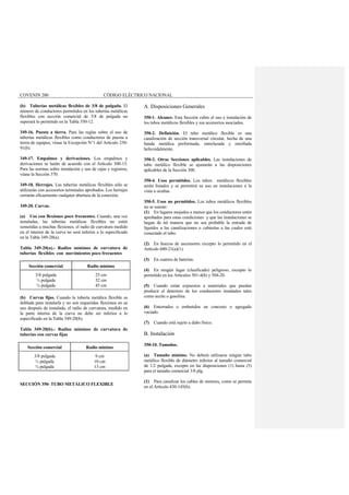 COVENIN 200 CÓDIGO ELÉCTRICO NACIONAL
(b) Tuberías metálicas flexibles de 3/8 de pulgada. El
número de conductores permitidos en los tuberías metálicas
flexibles con sección comercial de 3/8 de pulgada no
superará lo permitido en la Tabla 350-12.
349-16. Puesta a tierra. Para las reglas sobre el uso de
tuberías metálicas flexibles como conductores de puesta a
tierra de equipos, véase la Excepción N°1 del Artículo 250-
91(b).
349-17. Empalmes y derivaciones. Los empalmes y
derivaciones se harán de acuerdo con el Artículo 300-15.
Para las normas sobre instalación y uso de cajas y registros,
véase la Sección 370.
349-18. Herrajes. Las tuberías metálicas flexibles sólo se
utilizarán con accesorios terminales aprobados. Los herrajes
cerrarán eficazmente cualquier abertura de la conexión.
349-20. Curvas.
(a) Uso con flexiones poco frecuentes. Cuando, una vez
instaladas, las tuberías metálicas flexibles no estén
sometidas a muchas flexiones, el radio de curvatura medido
en el interior de la curva no será inferior a lo especificado
en la Tabla 349-20(a).
Tabla 349-20(a).- Radios mínimos de curvatura de
tuberías flexibles con movimientos poco frecuentes
Sección comercial Radio mínimo
3/8 pulgada
½ pulgada
¾ pulgada
25 cm
32 cm
45 cm
(b) Curvas fijas. Cuando la tubería metálica flexible es
doblada para instalarla y no son requeridas flexiones en su
uso después de instalada, el radio de curvatura, medido en
la parte interna de la curva no debe ser inferior a lo
especificado en la Tabla 349-20(b).
Tabla 349-20(b).- Radios mínimos de curvatura de
tuberías con curvas fijas
Sección comercial Radio mínimo
3/8 pulgada
½ pulgada
¾ pulgada
9 cm
10 cm
13 cm
SECCIÓN 350- TUBO METÁLICO FLEXIBLE
A. Disposiciones Generales
350-1. Alcance. Esta Sección cubre el uso e instalación de
los tubos metálicos flexibles y sus accesorios asociados.
350-2. Definición. El tubo metálico flexible es una
canalización de sección transversal circular, hecha de una
banda metálica preformada, entrelazada y enrollada
helicoidalmente.
350-3. Otras Secciones aplicables. Las instalaciones de
tubo metálico flexible se ajustarán a las disposiciones
aplicables de la Sección 300.
350-4. Usos permitidos. Los tubos metálicos flexibles
serán listados y se permitirá su uso en instalaciones a la
vista u ocultas.
350-5. Usos no permitidos. Los tubos metálicos flexibles
no se usaran:
(1) En lugares mojados a menos que los conductores estén
aprobados para estas condiciones y que las instalaciones se
hagan de tal manera que no sea probable la entrada de
líquidos a las canalizaciones o cubiertas a las cuales esté
conectado el tubo.
(2) En huecos de ascensores excepto lo permitido en el
Artículo 600-21(a)(1).
(3) En cuartos de baterías.
(4) En ningún lugar (clasificado) peligroso, excepto lo
permitido en los Artículos 501-4(b) y 504-20.
(5) Cuando están expuestos a materiales que puedan
producir el deterioro de los conductores instalados tales
como aceite o gasolina.
(6) Enterrados o embutidos en concreto o agregado
vaciado.
(7) Cuando está sujeto a daño físico.
B. Instalación
350-10. Tamaños.
(a) Tamaño mínimo. No deberá utilizarse ningún tubo
metálico flexible de diámetro inferior al tamaño comercial
de 1/2 pulgada, excepto en las disposiciones (1) hasta (5)
para el tamaño comercial 3/8 plg.
(1) Para canalizar los cables de motores, como se permite
en el Artículo 430-145(b).
 