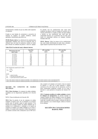 COVENIN 200 CÓDIGO ELÉCTRICO NACIONAL
mecánicamente e instalar sin que sus cables estén expuestos
a la abrasión.
Cuando se usen bandas de cerramiento y accesorios de
material no metálico en canales metálicos, estarán
aprobados e identificados para dicho uso.
352-50. Puesta a tierra. Las cubiertas de las canalizaciones
superficiales metálicas que sirvan de transición para el
cableado hacia otro tipo de instalación, tendrán un medio
para conectar un conductor de puesta a tierra de equipos.
Se permite usar las canalizaciones tipo canal como
conductor de puesta a tierra de equipos de acuerdo con el
Artículo 250-91(b)(11). Cuando se utilice una tapa metálica
a presión en una canalización tipo canal para dar
continuidad eléctrica, no se permitirá usar esa tapa como
medio de continuidad eléctrica de cualquier artefacto
montado sobre ella.
352-51. Marcas. Todos los tramos de las canalizaciones
tipo canal estarán identificadas de modo claro y duradero,
según requiere la primera frase del Artículo 110-21.
Tabla 352-45. Sección del canal y diámetro interno
Dimensiones del canal
(mm X mm)
Superficie
(mm²)
40% superficie
(mm²)
25% superficie
(mm²)
41.3 X 20.7
41.3 X 25.4
41.3 X 34.9
41.3 X 41.3
41.3 X 61.9
41.3 X 82.6
38.1 X 19.0
38.1 X 38.1
38.1 X 47.7
38.1 X 76.2
572
743
1076
1308
2045
2780
548
1179
1485
2487
229
297
433
523
817
1112
219
472
594
995
143
186
270
327
511
695
137
295
371
622
Nota: Fórmula para ocupación por los cables:
1
WA
CA
N =
Donde
N = número de cables
CA = área transversal del canal en mm²
WA = sección transversal de los cables en mm²
Nota a: Para calcular el número de conductores permitidos, en las canalizaciones con uniones externas se toma un porcentaje del 40 %.
Nota b: Para calcular el número de conductores permitidos, en las canalizaciones con uniones internas se toma un porcentaje del 25 %.
SECCIÓN 353- CONJUNTO DE SALIDAS
MÚLTIPLES
353-1. Otros Secciones. Un conjunto de salidas múltiples
cumplirán con las disposiciones aplicables de la Sección
300.
NOTA: Véase la definición en la Sección 100.
353-2. Uso. Se permite el uso de conjuntos de salidas
múltiples en lugares secos. No se instalarán (1) en lugares
ocultos, pero se permite rodear la parte posterior y los
laterales del conjunto metálico de salidas múltiples por el
acabado de la edificación o embutido en la pared un
conjunto no metálico con salidas múltiples en el zócalo o
rodapie; (2) cuando estén expuestos a daños físicos graves;
(3) cuando la tensión entre conductores sea de 300 Volt o
más, excepto si el conjunto es de metal y tiene un espesor
no inferior a 1 mm; (4) si están expuestos a vapores
corrosivos; (5) en los huecos de los ascensores, ni (6) en
áreas (clasificadas) peligrosas excepto los de Clase I
División 2, como permite la Excepción del Artículo 501-
4(b).
353-3. Conjuntos metálicos de salidas múltiples a través
de tabiques de mampostería. Se permite extender un
conjunto metálico de salidas múltiples a través de tabiques
de mampostería (pero no en su interior), si se instalan de
modo que se puedan retirar las tapas o cubiertas de todas las
partes expuestas y no se instale ninguna salida en el interior
de los tabiques.
SECCIÓN 354- CANALIZACIONES
BAJO EL PISO
 