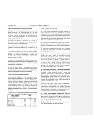 COVENIN 200 CÓDIGO ELÉCTRICO NACIONAL
110-33 Entrada y acceso a espacios de trabajo
a) Se proveerá por lo menos una entrada de anchura no
menor de 0,60 m y de altura no menor de 2 m para
proporcionar el acceso al espacio de trabajo alrededor de
un equipo eléctrico. En tableros de distribución y de
control con una profundidad mayor de 1,85 m, se proveerá
una entrada en cada extremo.
Excepción Nº 1. Donde la ubicación de los Cuadros de
Distribución y Tableros permite una ruta continua y sin
obstáculos como acceso hacia la salida.
Excepción Nº 2. Donde se tenga un espacio de trabajo con
el doble de la distancia requerida por el artículo 110-34
(a).
Los espacios de trabajo con una sola entrada estarán
dispuestos de manera que el borde de la entrada más
próximo a los cuadros de distribución y Tableros, esté
separado de tales equipos como mínimo la distancia libre
dada por la tabla 110-34 (a).
Las partes activas desnudas de cualquier tensión, y las
partes aisladas y energizadas a más de 600 V nominal, que
se encuentran adyacentes a las entradas, estarán
adecuadamente resguardadas.
b) Para el acceso seguro a los espacios de trabajo
alrededor de equipos eléctricos instalados en plataforma,
balcones, mezaninas, áticos, espacios o cuartos bajo techo,
se proveerán escaleras o escalerillas permanentes.
110-34 Espacios de trabajo y resguardo.
a) Espacios de trabajo. El mínimo espacio libre de
trabajo en dirección del acceso a las partes activas de los
equipos eléctricos tales como: cuadros de Distribución,
Tableros de Control, suiches, interruptores automáticos,
controles de motores, relés y equipos similares, no será
menor de lo especificado en la Tabla 110-34 a) a menos
que se indique otra cosa en este Código. Las distancias se
medirán desde las partes activas, si tales partes están
descubiertas o desde el frente de la caja o abertura, si están
encerradas.
TABLA 110-34 a) Profundidad mínima en metros del
espacio libre de trabajo en equipos eléctricos.
Tensión nominal
Respecto a tierra
Casos
(Volts) 1 2 3
(m) (m) (m)
601-2.500 0,9 1,2 1,5
2.501-9.000 1,2 1,5 1,8
9.001-25.000 1,5 1,8 2,7
25.001-75.000 1,8 2,4 3
Más de 75.000 2,4 3 3,7
Donde los casos son como sigue:
1) Partes activas descubiertas de un lado y partes no
activas o puestas a tierra en el otro lado del espacio de
trabajo, o partes activas descubiertas en ambos lados,
resguardadas efectivamente con madera u otros materiales
aislantes adecuados. Los conductores aislados y las
canalizaciones de barras que trabajen a no más de 300
Volt no se considerarán como partes activas.
2) Partes activas descubiertas en un lado y partes puestas a
tierra en el otro lado. Las paredes de contacto, ladrillo o
baldosas se considerarán como superficies puestas a tierra.
3) Partes activas descubiertas en ambos lados del espacio
de trabajo (no resguardadas como indica la condición 1)
con el operador en el medio.
Excepción. No se exige espacio de trabajo detrás de
equipos tales como Cuadros de Distribución de frente
muerto o de conjuntos de control, cuando en la parte de
atrás de estos no hayan partes reemplazables o ajustables
tales como fusibles o suiches y cuando todas las
conexiones sean accesibles desde otros lugares que no sea
la parte de atrás. Cuando se necesite acceso posterior
para trabajar en partes desenergizadas colocadas en la
parte de atrás de equipos con cubierta, se dejará espacio
de trabajo horizontal de 75 cm como mínimo.
b) Separaciones con respecto a equipos de baja tensión.
Donde los suiches, cortacorrientes u otros equipos que
funcionan a tensión nominal de 600 Volt o menos, están
instalados en un cuarto, o cerramiento en el cual hayan
partes activas o cableados descubiertos que funcionen a
tensión nominal mayor de 600 Volt, los equipos de alta
tensión deberán estar efectivamente separados del espacio
ocupado por los equipos de baja tensión, por medio de
tabiques adecuados, cercas o rejas.
Excepción. Los suiches u otros equipos que funcionan a
una tensión nominal de 600 Volt o menos, y que estén
relacionados exclusivamente con equipos instalados
dentro de una bóveda, cuarto o cerramiento de alta
tensión, pueden ser instalados en dichos espacios, si son
accesibles exclusivamente a personas calificadas.
c) Cuartos o cerramientos cerrados con llave. Las
entradas de todas las edificaciones, cuartos o cerramientos
que contienen partes descubiertas activas o conductores
descubiertos que funcionan a tensión nominal mayor de
600 Volt se mantendrán cerrados con llave.
Excepción. Cuando tales entradas están todo el tiempo
bajo la observación de personas calificadas.
 