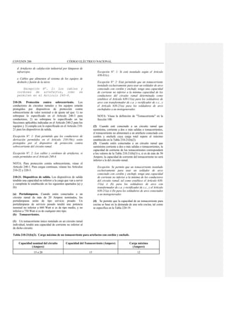 COVENIN 200 CÓDIGO ELÉCTRICO NACIONAL
d. Artefactos de calefacción industrial por lámparas de
infrarrojos.
e. Cables que alimenten al sistema de los equipos de
deshielo y fusión de la nieve.
Excepción Nº. 2: Los cables y
cordones de artefactos, como se
permiten en el Artículo 240-4.
210-20. Protección contra sobrecorriente. Los
conductores de circuitos ramales y los equipos estarán
protegidos por dispositivos de protección contra
sobrecorriente de valor nominal o de ajuste tal que: 1) no
sobrepase lo especificado en el Artículo 240-3 para
conductores; 2) no sobrepase lo especificado en las
Secciones aplicables indicadas en el Artículo 240-2 para los
equipos y 3) cumpla con lo especificado en el Artículo 210-
21 para los dispositivos de salida.
Excepción Nº. 1: Está permitido que los conductores de
derivación permitidos en el Artículo 210-19(c) estén
protegidos por el dispositivo de protección contra
sobrecorriente del circuito ramal.
Excepción Nº. 2: Los cables y cordones de artefactos, si
están permitidos en el Artículo 240-4.
NOTA: Para protección contra sobrecorriente, véase el
Artículo 240-1. Para cargas continuas, véanse los Artículos
210-22 y 220-3.
210-21. Dispositivos de salida. Los dispositivos de salida
tendrán una capacidad no inferior a la carga que van a servir
y cumplirán lo establecido en los siguientes apartados (a) y
(b):
(a) Portalámparas. Cuando estén conectados a un
circuito ramal de más de 20 Ampere nominales, los
portalámparas serán de tipo servicio pesado. Un
portalámparas de servicio pesado tendrá una potencia
nominal no inferior a 660 Watt si es de tipo medio, y no
inferior a 750 Watt si es de cualquier otro tipo.
(b) Tomacorrientes.
(1) Un tomacorriente único instalado en un circuito ramal
individual, tendrá una capacidad de corriente no inferior al
de dicho circuito.
Excepción Nº. 1: Si está instalado según el Artículo
430-81(c).
Excepción Nº. 2: Está permitido que un tomacorriente
instalado exclusivamente para usar un soldador de arco
conectado con cordón y enchufe, tenga una capacidad
de corriente no inferior a la mínima capacidad de los
conductores del circuito ramal determinada como
establece el Artículo 630-11(a) para los soldadores de
arco con transformador de c.a. y rectificador de c.c., y
el Artículo 630-21(a) para los soldadores de arco
enchufados a un motogenerador.
NOTA: Véase la definición de "Tomacorriente" en la
Sección 100.
(2) Cuando esté conectado a un circuito ramal que
suministra, corriente a dos o más salidas o tomacorrientes,
el tomacorriente no alimentará a un artefacto conectado con
cordón y enchufe cuya carga total supere el máximo
establecido en la Tabla 210-21(b)(2).
(3) Cuando estén conectadas a un circuito ramal que
suministra corriente a dos o más salidas o tomacorrientes, la
capacidad de corriente de los tomacorrientes corresponderá
a los valores de la Tabla 210-21(b)(3) o, si es de más de 50
Ampere, la capacidad de corriente del tomacorriente no será
inferior a la del circuito ramal.
Excepción: Se permite que un tomacorriente instalado
exclusivamente para usar un soldador de arco
conectado con cordón y enchufe, tenga una capacidad
de corriente no inferior a la mínima de los conductores
del circuito ramal, tal como establece el Artículo 630-
11(a) ó (b) para los soldadores de arco con
transformador de c.a. y rectificador de c.c., y el Artículo
630-21(a) ó (b) para los soldadores de arco conectados
a un motogenerador.
(4) Se permite que la capacidad de un tomacorriente para
cocina se base en la demanda de una sola cocina, tal como
se especifica en la Tabla 220-19.
Tabla 210-21(b)(2). Carga máxima de un tomacorriente para artefactos con cordón y enchufe.
Capacidad nominal del circuito
(Ampere)
Capacidad del Tomacorriente (Ampere) Carga máxima
(Ampere)
15 o 20 15 12
 
