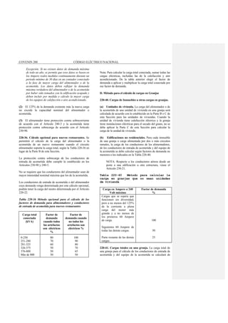 COVENIN 200 CÓDIGO ELÉCTRICO NACIONAL
Excepción: Si no existen datos de demanda máxima
de todo un año, se permite que esos datos se basen en
los Ampere reales medidos continuamente durante un
periodo mínimo de 30 días en un contador conectado
a la fase de mayor carga del alimentador o de la
acometida. Los datos deben reflejar la demanda
máxima verdadera del alimentador o de la acometida
por haber sido tomados con la edificación ocupada y
deben incluir por medida o cálculo la mayor carga
de los equipos de calefacción o aire acondicionado.
(2) El 125% de la demanda existente más la nueva carga
no excede la capacidad nominal del alimentador o
acometida.
(3) El alimentador tiene protección contra sobrecorriente
de acuerdo con el Artículo 240-3 y la acometida tiene
protección contra sobrecarga de acuerdo con el Artículo
230-90.
220-36. Cálculo opcional para nuevos restaurantes. Se
permitirá el cálculo de la carga del alimentador o la
acometida de un nuevo restaurante cuando el circuito
alimentador soporta la carga total, según la Tabla 220-36 en
lugar de la Parte B de esta Sección.
La protección contra sobrecarga de los conductores de
entrada de acometida debe cumplir lo establecido en los
Artículos 230-90 y 240-3.
No se requiere que los conductores del alimentador sean de
mayor intensidad nominal máxima que los de la acometida.
Los conductores de entrada de acometida o del alimentador
cuya demanda venga determinada por este cálculo opcional,
podrán tener la carga del neutro determinada por el Artículo
220-22.
Tabla 220-36 Método opcional para el cálculo de los
factores de demanda para alimentadores y conductores
de entrada de acometida para nuevos restaurantes
Carga total
conectada
(kVA)
Factor de
demanda
cuando todos
los artefactos
son eléctricos
%
Factor de
demanda cuando
no todos los
artefactos son
eléctricos %
0-250
251-280
281-325
326-375
376-800
Más de 800
80
70
60
50
50
50
100
90
80
70
65
50
Nota: Para calcular la carga total conectada, sumar todas las
cargas eléctricas, incluidas las de la calefacción y aire
acondicionado. De la tabla anterior elegir el factor de
demanda a aplicar y multiplicar la carga total conectada por
ese factor de demanda.
D. Método para el cálculo de cargas en Granjas
220-40. Cargas de Inmuebles u otras cargas en granjas.
(a) Unidades de vivienda. La carga del alimentador o de
la acometida de una unidad de vivienda en una granja será
calculada de acuerdo con lo establecido en la Parte B o C de
esta Sección para las unidades de viviendas. Cuando la
unidad de vivienda tiene calefacción eléctrica y la granja
tiene instalaciones eléctricas para el secado del grano, no se
debe aplicar la Parte C de esta Sección para calcular la
carga de la unidad de vivienda.
(b) Edificaciones no residenciales. Para cada inmueble
de una granja o carga alimentada por dos o más circuitos
ramales, la carga de los conductores de los alimentadores,
de los conductores de entrada de acometida y del equipo de
la acometida se debe calcular según factores de demanda no
menores a los indicados en la Tabla 220-40.
NOTA: Respecto a los conductores aéreos desde un
poste a una edificación u otra estructura, véase el
Artículo 230-21.
Tabla 220-40 Método para calcular la
carga en granjas que no sean unidades
de vivienda
Carga en Ampere a 240
Volt máximo
Factor de demanda
%
Cargas que se espera que
funcionen sin diversidad,
pero a no menos del 125%
de la corriente a plena
carga del motor más
grande y a no menos de
los primeros 60 Ampere
de carga.
Siguientes 60 Ampere de
todas las demás cargas.
Parte restante de las demás
cargas.
100
50
25
220-41. Cargas totales en una granja. La carga total de
una granja para el cálculo de los conductores de entrada de
acometida y del equipo de la acometida se calculará de
 