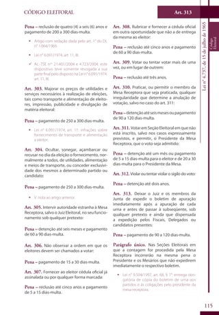 Art. 313
115
CÓDIGO ELEITORAL
Lein°4.737,de15dejulhode1965
Código
Eleitoral
Pena – reclusão de quatro (4) a seis (6) anos e
pagamento de 200 a 300 dias-multa.
ƒƒ Artigo com redação dada pelo art. 1° do DL
n° 1.064/1969.
ƒƒ Lei n° 6.091/1974, art. 11, III.
99 Ac.-TSE nos
21.401/2004 e 4.723/2004: este
dispositivo teve somente revogada a sua
parte final pelo disposto na Lei n° 6.091/1974,
art. 11, III.
Art. 303. Majorar os preços de utilidades e
serviços necessários à realização de eleições,
tais como transporte e alimentação de eleito-
res, impressão, publicidade e divulgação de
matéria eleitoral:
Pena – pagamento de 250 a 300 dias-multa.
ƒƒ Lei n° 6.091/1974, art. 11: infrações sobre
fornecimento de transporte e alimentação
a eleitor.
Art. 304. Ocultar, sonegar, açambarcar ou
recusar no dia da eleição o fornecimento, nor-
malmente a todos, de utilidades, alimentação
e meios de transporte, ou conceder exclusivi-
dade dos mesmos a determinado partido ou
candidato:
Pena – pagamento de 250 a 300 dias-multa.
ƒƒ V. nota ao artigo anterior.
Art. 305. Intervir autoridade estranha à Mesa
Receptora, salvo o Juiz Eleitoral, no seu funcio-
namento sob qualquer pretexto:
Pena – detenção até seis meses e pagamento
de 60 a 90 dias-multa.
Art. 306. Não observar a ordem em que os
eleitores devem ser chamados a votar:
Pena – pagamento de 15 a 30 dias-multa.
Art. 307. Fornecer ao eleitor cédula oficial já
assinalada ou por qualquer forma marcada:
Pena – reclusão até cinco anos e pagamento
de 5 a 15 dias-multa.
Art. 308. Rubricar e fornecer a cédula oficial
em outra oportunidade que não a de entrega
da mesma ao eleitor:
Pena – reclusão até cinco anos e pagamento
de 60 a 90 dias-multa.
Art. 309. Votar ou tentar votar mais de uma
vez, ou em lugar de outrem:
Pena – reclusão até três anos.
Art. 310. Praticar, ou permitir o membro da
Mesa Receptora que seja praticada, qualquer
irregularidade que determine a anulação de
votação, salvo no caso do art. 311:
Pena–detençãoatéseismesesoupagamento
de 90 a 120 dias-multa.
Art. 311.Votar em Seção Eleitoral em que não
está inscrito, salvo nos casos expressamente
previstos, e permitir, o Presidente da Mesa
Receptora, que o voto seja admitido:
Pena – detenção até um mês ou pagamento
de 5 a 15 dias-multa para o eleitor e de 20 a 30
dias-multa para o Presidente da Mesa.
Art. 312. Violar ou tentar violar o sigilo do voto:
Pena – detenção até dois anos.
Art. 313. Deixar o Juiz e os membros da
Junta de expedir o boletim de apuração
imediatamente após a apuração de cada
urna e antes de passar à subseqüente, sob
qualquer pretexto e ainda que dispensada
a expedição pelos Fiscais, Delegados ou
candidatos presentes:
Pena – pagamento de 90 a 120 dias-multa.
Parágrafo único. Nas Seções Eleitorais em
que a contagem for procedida pela Mesa
Receptora incorrerão na mesma pena o
Presidente e os Mesários que não expedirem
imediatamente o respectivo boletim.
ƒƒ Lei n° 9.504/1997, art. 68, § 1°: entrega obri-
gatória de cópia do boletim de urna aos
partidos e às coligações pelo presidente da
mesa receptora.
 