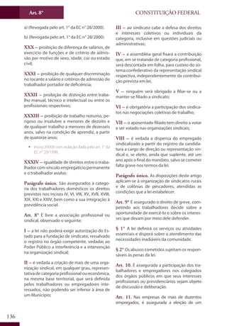 CONSTITUIÇÃO FEDERALArt. 8°
136
a) (Revogada pelo art. 1° da EC n° 28/2000).
b) (Revogada pelo art. 1° da EC n° 28/2000).
XXX – proibição de diferença de salários, de
exercício de funções e de critério de admis-
são por motivo de sexo, idade, cor ou estado
civil;
XXXI – proibição de qualquer discriminação
no tocante a salário e critérios de admissão do
trabalhador portador de deficiência;
XXXII – proibição de distinção entre traba-
lho manual, técnico e intelectual ou entre os
profissionais respectivos;
XXXIII – proibição de trabalho noturno, pe-
rigoso ou insalubre a menores de dezoito e
de qualquer trabalho a menores de dezesseis
anos, salvo na condição de aprendiz, a partir
de quatorze anos;
ƒƒ Inciso XXXIII com redação dada pelo art. 1° da
EC n° 20/1998.
XXXIV – igualdade de direitos entre o traba-
lhador com vínculo empregatício permanente
e o trabalhador avulso.
Parágrafo único. São assegurados à catego-
ria dos trabalhadores domésticos os direitos
previstos nos incisos IV, VI, VIII, XV, XVII, XVIII,
XIX, XXI e XXIV, bem como a sua integração à
previdência social.
Art. 8° É livre a associação profissional ou
sindical, observado o seguinte:
I – a lei não poderá exigir autorização do Es-
tado para a fundação de sindicato, ressalvado
o registro no órgão competente, vedadas ao
Poder Público a interferência e a intervenção
na organização sindical;
II – é vedada a criação de mais de uma orga-
nização sindical, em qualquer grau, represen-
tativa de categoria profissional ou econômica,
na mesma base territorial, que será definida
pelos trabalhadores ou empregadores inte-
ressados, não podendo ser inferior à área de
um Município;
III – ao sindicato cabe a defesa dos direitos
e interesses coletivos ou individuais da
categoria, inclusive em questões judiciais ou
administrativas;
IV – a assembléia geral fixará a contribuição
que, em se tratando de categoria profissional,
será descontada em folha, para custeio do sis-
tema confederativo da representação sindical
respectiva, independentemente da contribui-
ção prevista em lei;
V – ninguém será obrigado a filiar-se ou a
manter-se filiado a sindicato;
VI – é obrigatória a participação dos sindica-
tos nas negociações coletivas de trabalho;
VII – o aposentado filiado tem direito a votar
e ser votado nas organizações sindicais;
VIII – é vedada a dispensa do empregado
sindicalizado a partir do registro da candida-
tura a cargo de direção ou representação sin-
dical e, se eleito, ainda que suplente, até um
ano após o final do mandato, salvo se cometer
falta grave nos termos da lei.
Parágrafo único. As disposições deste artigo
aplicam-se à organização de sindicatos rurais
e de colônias de pescadores, atendidas as
condições que a lei estabelecer.
Art. 9° É assegurado o direito de greve, com-
petindo aos trabalhadores decidir sobre a
oportunidade de exercê-lo e sobre os interes-
ses que devam por meio dele defender.
§ 1° A lei definirá os serviços ou atividades
essenciais e disporá sobre o atendimento das
necessidades inadiáveis da comunidade.
§ 2° Os abusos cometidos sujeitam os respon-
sáveis às penas da lei.
Art. 10. É assegurada a participação dos tra-
balhadores e empregadores nos colegiados
dos órgãos públicos em que seus interesses
profissionais ou previdenciários sejam objeto
de discussão e deliberação.
Art. 11. Nas empresas de mais de duzentos
empregados, é assegurada a eleição de um
 