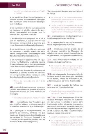 CONSTITUIÇÃO FEDERALArt. 29-A
152
ƒƒ Inciso VI com redação dada pelo art. 1° da EC
n° 25/2000.
a) em Municípios de até dez mil habitantes, o
subsídio máximo dos Vereadores correspon-
derá a vinte por cento do subsídio dos Depu-
tados Estaduais;
b) em Municípios de dez mil e um a cinqüenta
mil habitantes, o subsídio máximo dos Vere-
adores corresponderá a trinta por cento do
subsídio dos Deputados Estaduais;
c) em Municípios de cinqüenta mil e um a
cem mil habitantes, o subsídio máximo dos
Vereadores corresponderá a quarenta por
cento do subsídio dos Deputados Estaduais;
d) em Municípios de cem mil e um a trezentos
mil habitantes, o subsídio máximo dos Vere-
adores corresponderá a cinqüenta por cento
do subsídio dos Deputados Estaduais;
e) em Municípios de trezentos mil e um a qui-
nhentos mil habitantes, o subsídio máximo
dos Vereadores corresponderá a sessenta por
cento do subsídio dos Deputados Estaduais;
f) em Municípios de mais de quinhentos mil
habitantes, o subsídio máximo dos Vereado-
res corresponderá a setenta e cinco por cento
do subsídio dos Deputados Estaduais;
ƒƒ Alíneas a a f acrescidas pelo art. 1° da EC
n° 25/2000.
VII – o total da despesa com a remunera-
ção dos Vereadores não poderá ultrapassar
o montante de cinco por cento da receita do
município;
ƒƒ Inciso VII acrescido pelo art. 2° da EC n° 1/1992.
VIII – inviolabilidade dos Vereadores por
suas opiniões, palavras e votos no exercício
do mandato e na circunscrição do Município;
IX – proibições e incompatibilidades, no
exercício da vereança, similares, no que
couber, ao disposto nesta Constituição para
os membros do Congresso Nacional e, na
Constituição do respectivo Estado, para os
membros da Assembléia Legislativa;
X – julgamento do Prefeito perante o Tribunal
de Justiça;
ƒƒ Os incisos VIII, IX e X correspondem respec-
tivamente aos primitivos incisos VI, VII e VIII,
renumerados pela EC n° 1/1992.
99 Ac.-TSEn°469/2003:competênciadoTREpara
processar e julgar prefeito por crime eleitoral.
Ac.-TSE nos
519/2005 e 520/2005: cessa a prer-
rogativa de foro com a cessação do mandato.
XI – organização das funções legislativas e
fiscalizadoras da Câmara Municipal;
XII – cooperação das associações represen-
tativas no planejamento municipal;
XIII – iniciativa popular de projetos de lei
de interesse específico do Município, da
cidade ou de bairros, através de manifestação
de, pelo menos, cinco por cento do eleitorado;
XIV – perda do mandato do Prefeito, nos ter-
mos do art. 28, parágrafo único.
ƒƒ Os incisos XI a XIV correspondem respec-
tivamente aos primitivos incisos IX a XII, renu-
merados pelo art. 2° da EC n° 1/1992.
XIII – iniciativa popular de projetos de lei de
interesse específico do Município, da cidade
ou de bairros, através de manifestação de,
pelo menos, cinco por cento do eleitorado;
XIV – perda do mandato do Prefeito, nos
termos do art. 28, parágrafo único.
99 O parágrafo único mencionado foi renumera-
do como § 1° pela EC n° 19/1998.
Art. 29-A. O total da despesa do Poder Le-
gislativo Municipal, incluídos os subsídios
dos Vereadores e excluídos os gastos com
inativos, não poderá ultrapassar os seguintes
percentuais, relativos ao somatório da receita
tributária e das transferências previstas no § 5°
do art. 153 e nos arts. 158 e 159, efetivamente
realizado no exercício anterior:
ƒƒ Art.29-Aacrescidopeloart.2°daECn°25/2000.
ƒƒ EC n° 58/2009, art. 3°, II: as alterações in-
troduzidas neste dispositivo pelo art. 2° da
emenda constitucional referida somente
 