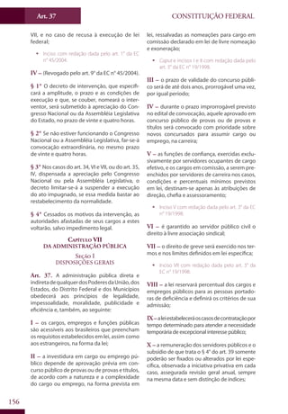 CONSTITUIÇÃO FEDERALArt. 37
156
VII, e no caso de recusa à execução de lei
federal;
ƒƒ Inciso com redação dada pelo art. 1° da EC
n° 45/2004.
IV – (Revogado pelo art. 9° da EC n° 45/2004).
§ 1° O decreto de intervenção, que especifi-
cará a amplitude, o prazo e as condições de
execução e que, se couber, nomeará o inter-
ventor, será submetido à apreciação do Con-
gresso Nacional ou da Assembléia Legislativa
do Estado, no prazo de vinte e quatro horas.
§ 2° Se não estiver funcionando o Congresso
Nacional ou a Assembléia Legislativa, far-se-á
convocação extraordinária, no mesmo prazo
de vinte e quatro horas.
§ 3° Nos casos do art. 34, VI e VII, ou do art. 35,
IV, dispensada a apreciação pelo Congresso
Nacional ou pela Assembléia Legislativa, o
decreto limitar-se-á a suspender a execução
do ato impugnado, se essa medida bastar ao
restabelecimento da normalidade.
§ 4° Cessados os motivos da intervenção, as
autoridades afastadas de seus cargos a estes
voltarão, salvo impedimento legal.
Capítulo VII
Da Administração Pública
Seção I
Disposições Gerais
Art. 37. A administração pública direta e
indiretadequalquerdosPoderesdaUnião,dos
Estados, do Distrito Federal e dos Municípios
obedecerá aos princípios de legalidade,
impessoalidade, moralidade, publicidade e
eficiência e, também, ao seguinte:
I – os cargos, empregos e funções públicas
são acessíveis aos brasileiros que preencham
os requisitos estabelecidos em lei, assim como
aos estrangeiros, na forma da lei;
II – a investidura em cargo ou emprego pú-
blico depende de aprovação prévia em con-
curso público de provas ou de provas e títulos,
de acordo com a natureza e a complexidade
do cargo ou emprego, na forma prevista em
lei, ressalvadas as nomeações para cargo em
comissão declarado em lei de livre nomeação
e exoneração;
ƒƒ Caput e incisos I e II com redação dada pelo
art. 3° da EC n° 19/1998.
III – o prazo de validade do concurso públi-
co será de até dois anos, prorrogável uma vez,
por igual período;
IV – durante o prazo improrrogável previsto
no edital de convocação, aquele aprovado em
concurso público de provas ou de provas e
títulos será convocado com prioridade sobre
novos concursados para assumir cargo ou
emprego, na carreira;
V – as funções de confiança, exercidas exclu-
sivamente por servidores ocupantes de cargo
efetivo, e os cargos em comissão, a serem pre-
enchidos por servidores de carreira nos casos,
condições e percentuais mínimos previstos
em lei, destinam-se apenas às atribuições de
direção, chefia e assessoramento;
ƒƒ Inciso V com redação dada pelo art. 3° da EC
n° 19/1998.
VI – é garantido ao servidor público civil o
direito à livre associação sindical;
VII – o direito de greve será exercido nos ter-
mos e nos limites definidos em lei específica;
ƒƒ Inciso VII com redação dada pelo art. 3° da
EC n° 19/1998.
VIII – a lei reservará percentual dos cargos e
empregos públicos para as pessoas portado-
ras de deficiência e definirá os critérios de sua
admissão;
IX–aleiestabeleceráoscasosdecontrataçãopor
tempo determinado para atender a necessidade
temporária de excepcional interesse público;
X – a remuneração dos servidores públicos e o
subsídio de que trata o § 4° do art. 39 somente
poderão ser fixados ou alterados por lei espe-
cífica, observada a iniciativa privativa em cada
caso, assegurada revisão geral anual, sempre
na mesma data e sem distinção de índices;
 